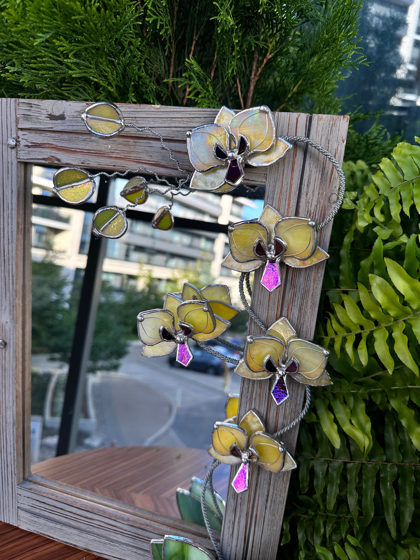 ". Blooming Orchid Yellow iridescent" Stained glass flower Mirror, Wall decor, Wedding, Christmas gift