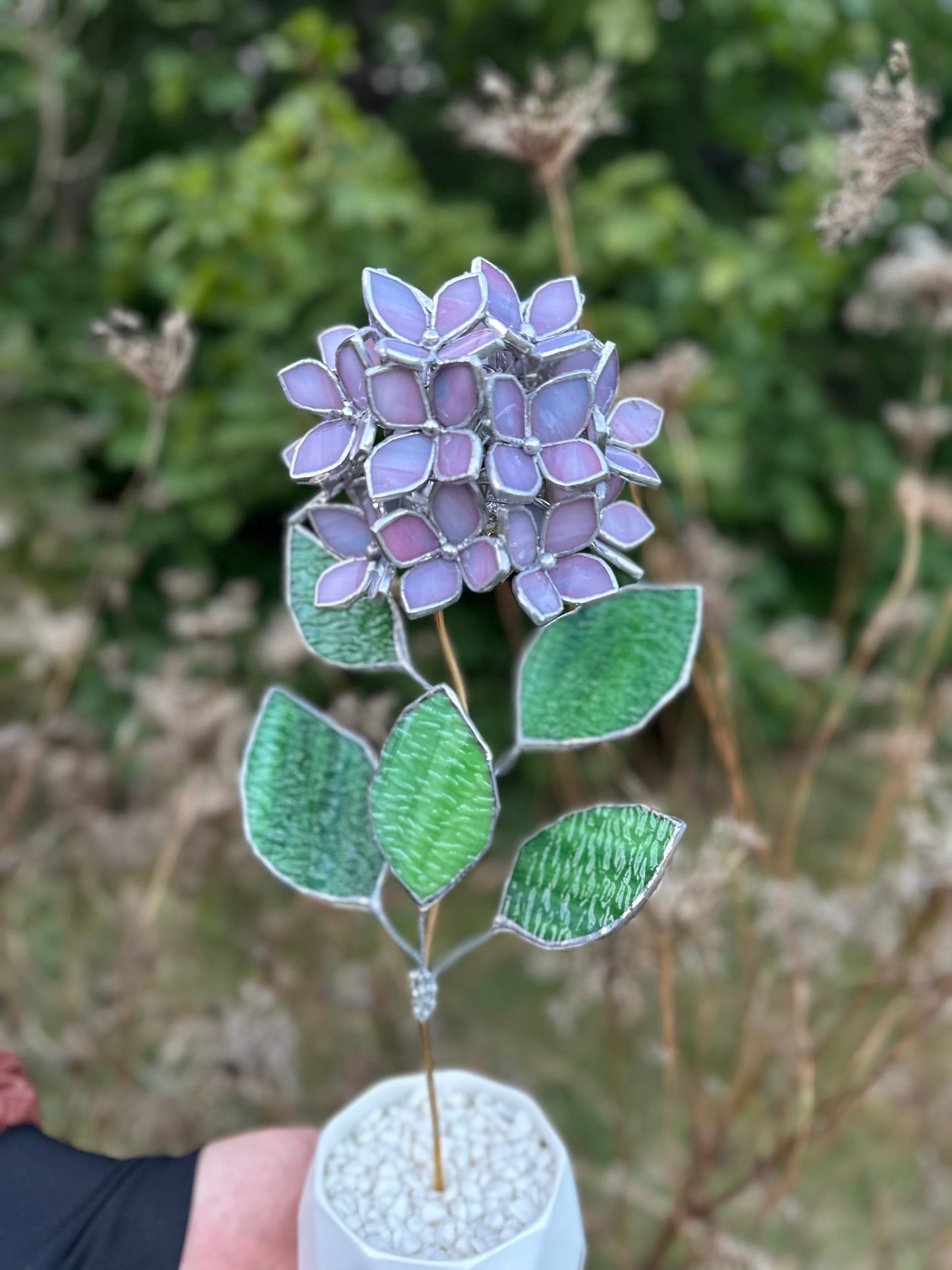 " . Dusty Pink Hydrangea bunch translucent in the sun in flower pot”, Stained glass tropical flower 3D, Sun catcher, Table plant, Garden stick, Outdoor and gardening decor