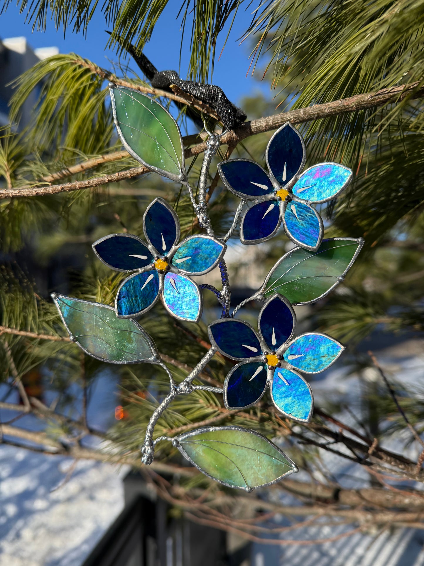 "  . Forget me not flower Indigo iridescent Wall Pendant, Stained glass, Walldecoration, Suncatcher