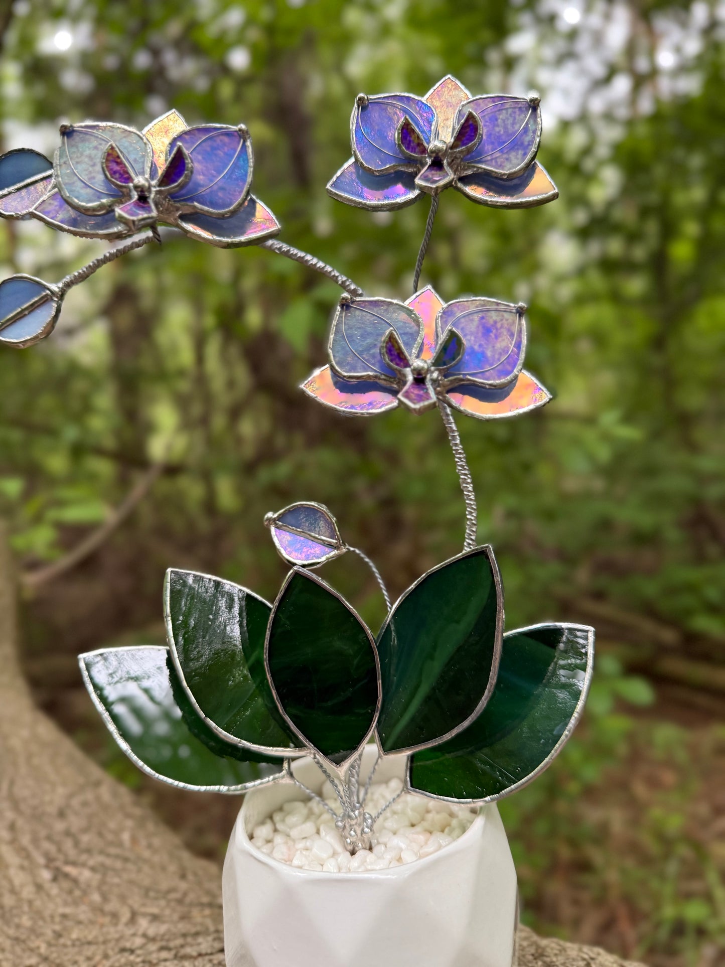 " . Blue lavender iridescent Orchid 3 flowers with pot” Stained glass tropical flower 3D, Sun catcher, Table plant, Garden stick, Outdoor and gardening decor available new