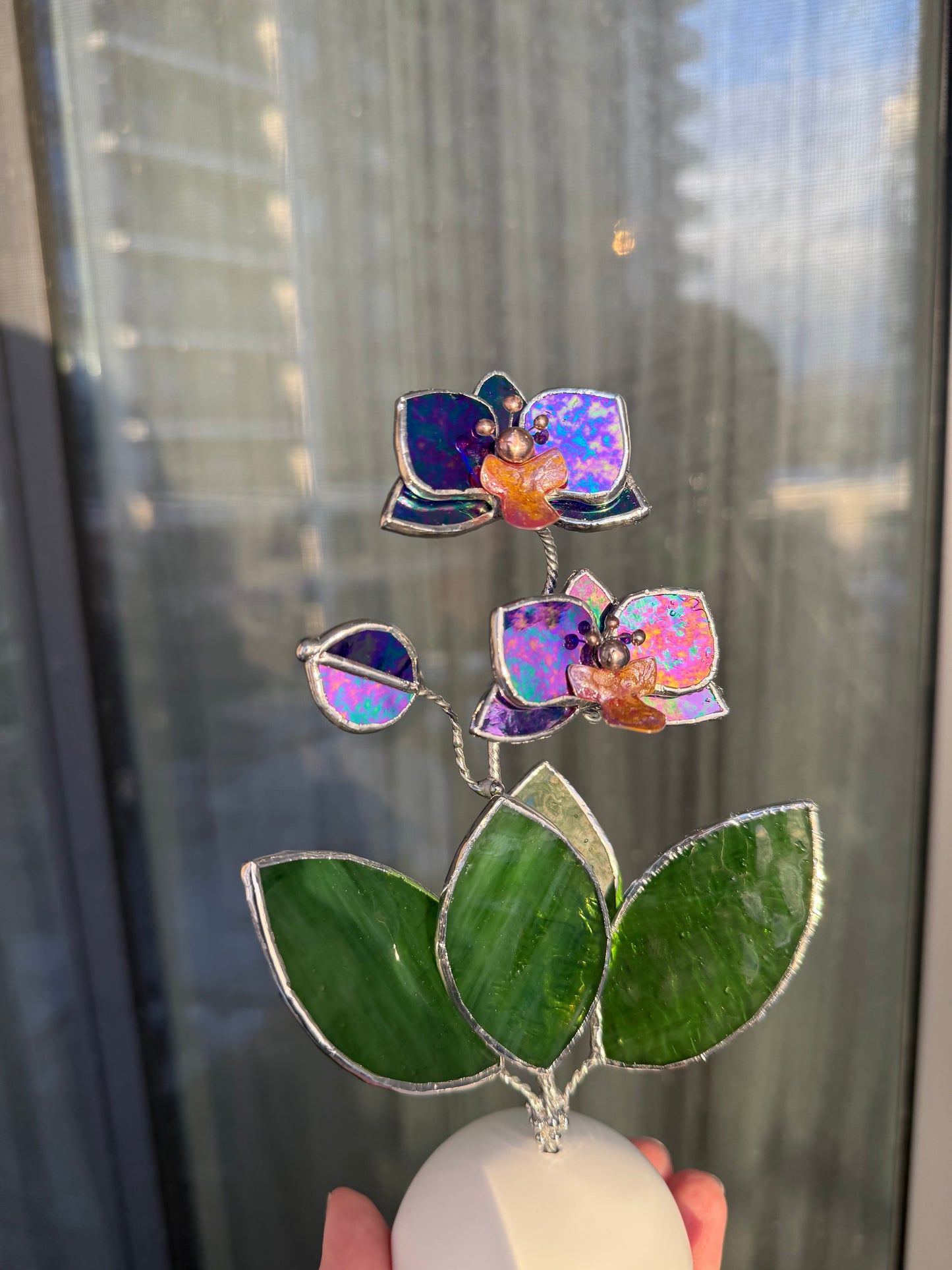 Orchid Indigo Stained Glass Artisan Flower, Botanical Table Decor