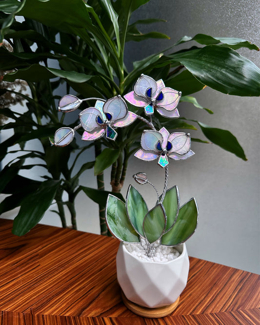 ". White Pearl iridescent Orchid 3 flowers with pot” Stained glass tropical flower 3D, Sun catcher, Table plant decor, Garden stick, Outdoor and gardening decor