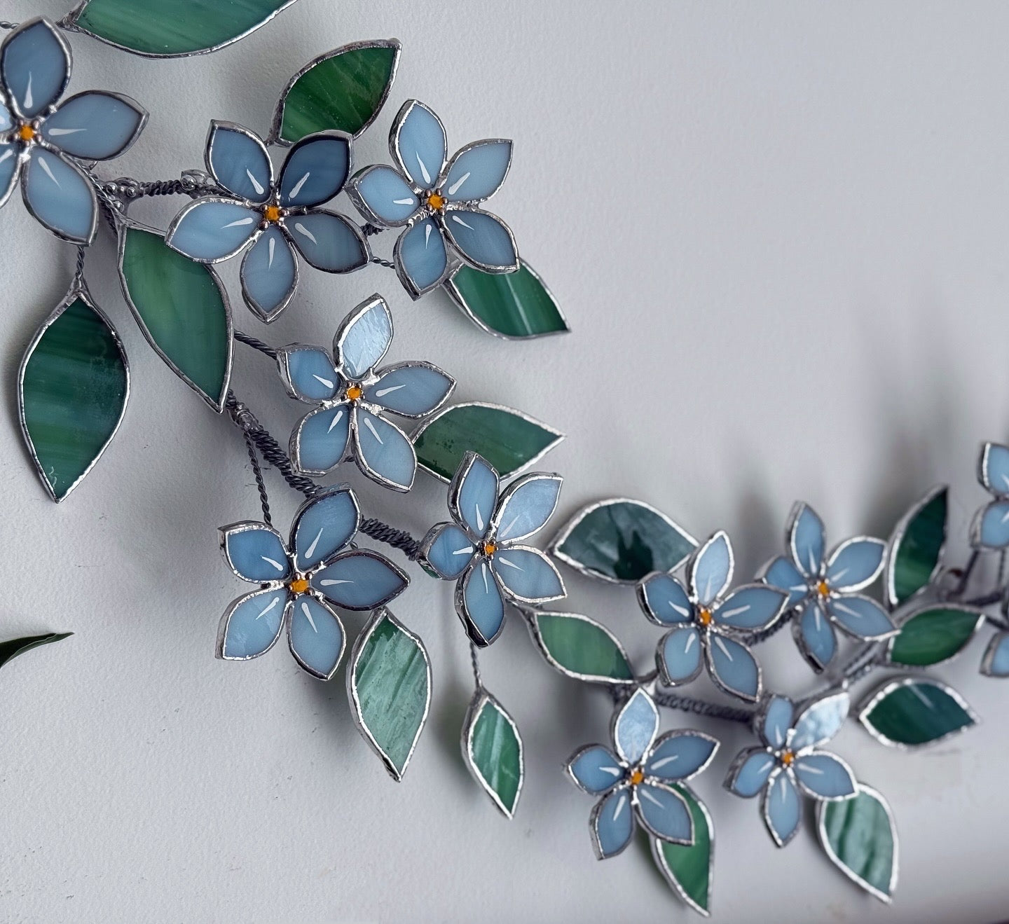.Forget me Not Flower Branch Stained Glass Wall Decor, Glass Suncatcher Wall Decor ready