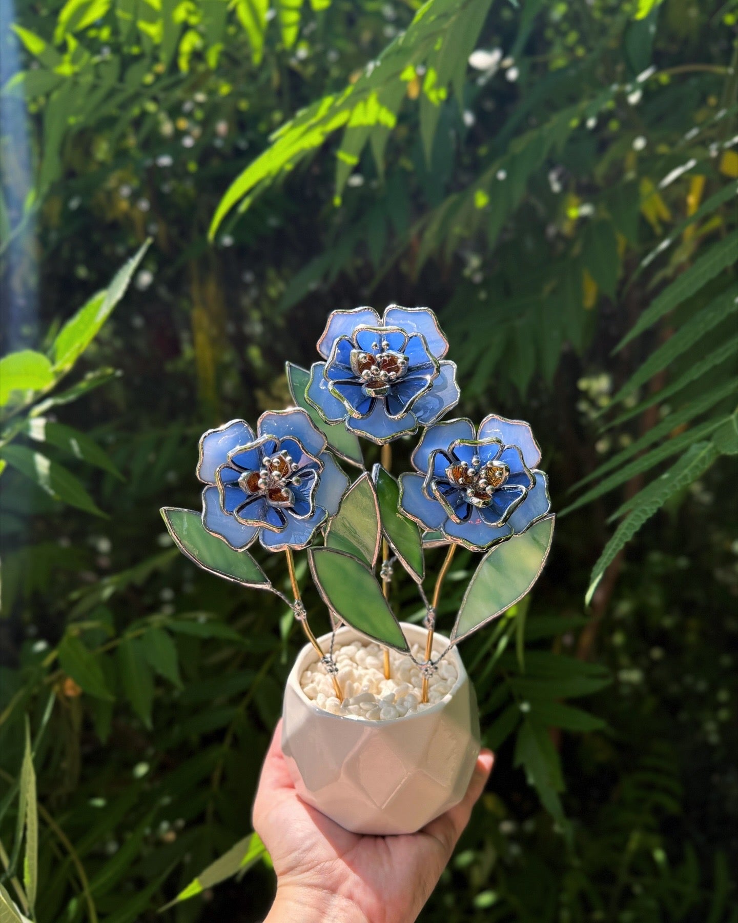 " . Blue Peonies 3 flowers in the pot", Stained glass tropical flower 3D, Sun catcher, Table plant decor, wedding Christmas gift