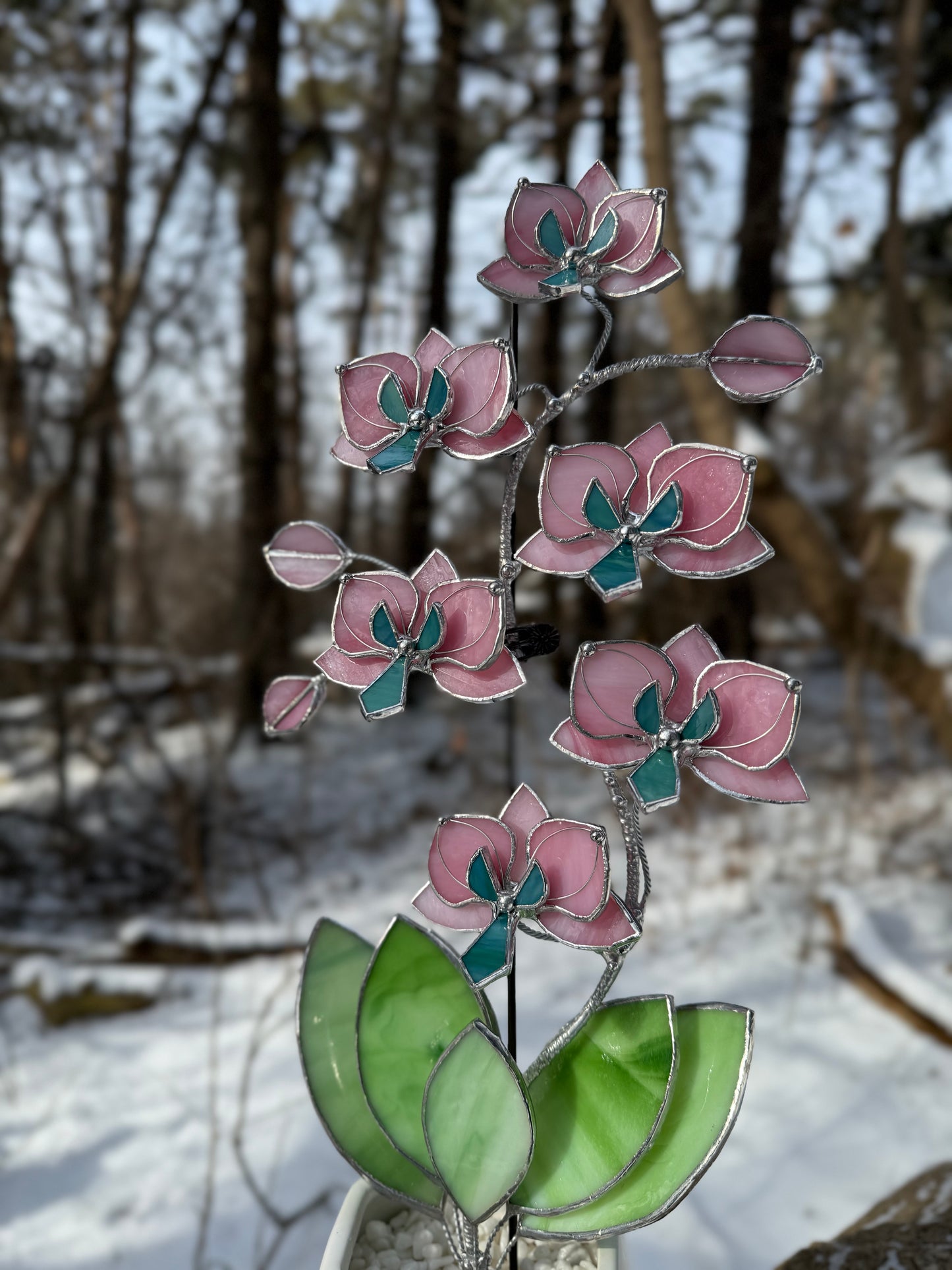 " . Bright Pink Orchid 6 flowers with pot" 2025 design, Stained glass tropical flower 3D, Sun catcher, Table plant, Garden stick, wedding decor, Christmas gift