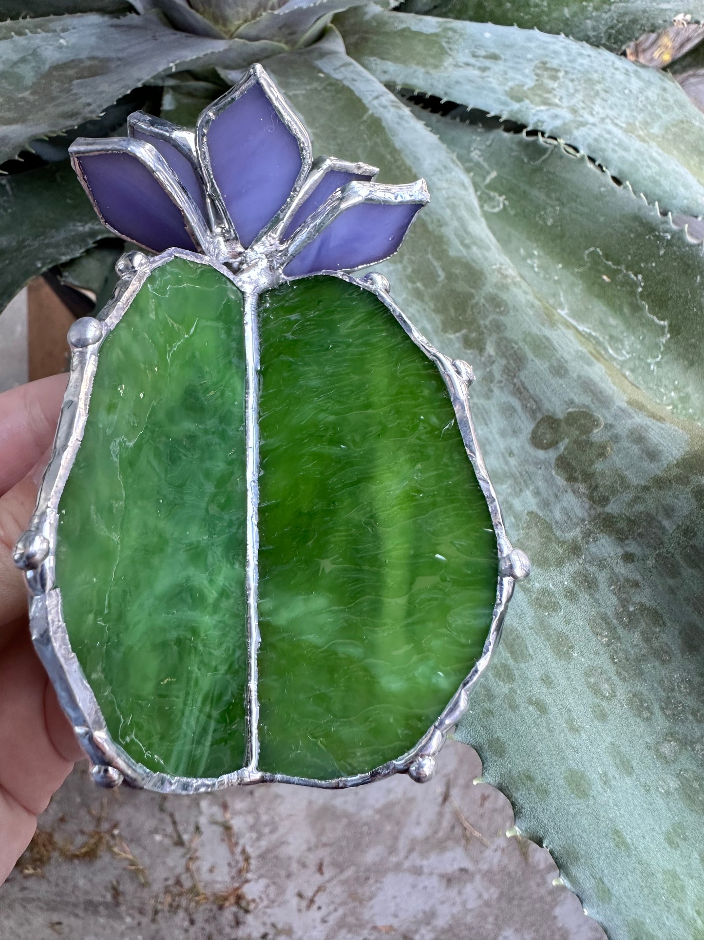 " . Cactus Lavender & Green ribbed" Stained glass Succulent 3D Cacti house plant for flower pot Sun catcher glass art wedding Christmas