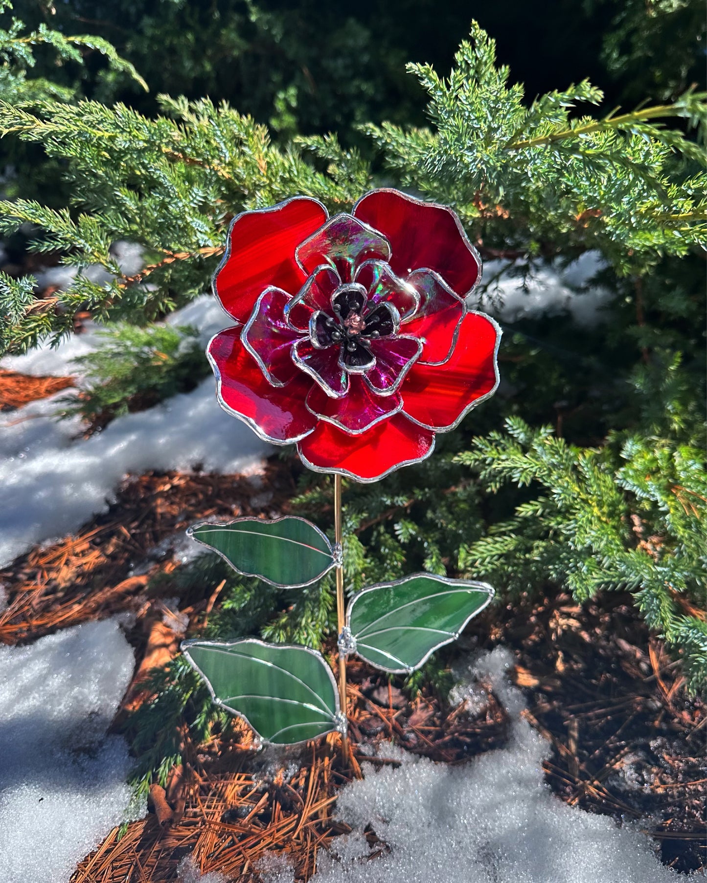 ". Red Poppy Iridescent", Stained glass tropical flower 3D, Sun catcher, Table plant decor, Garden stake, wedding decor, Christmas gift