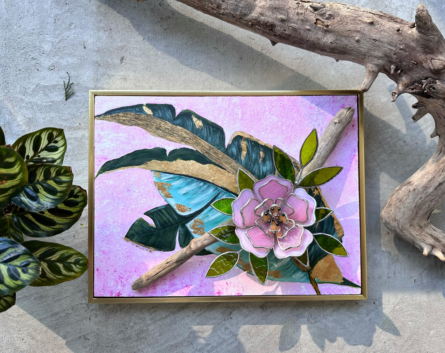 " .Acrylic painting ‘Tropical Flower’ with stained glass 3D flowers, Wall decor, Wedding, Christmas gift, available