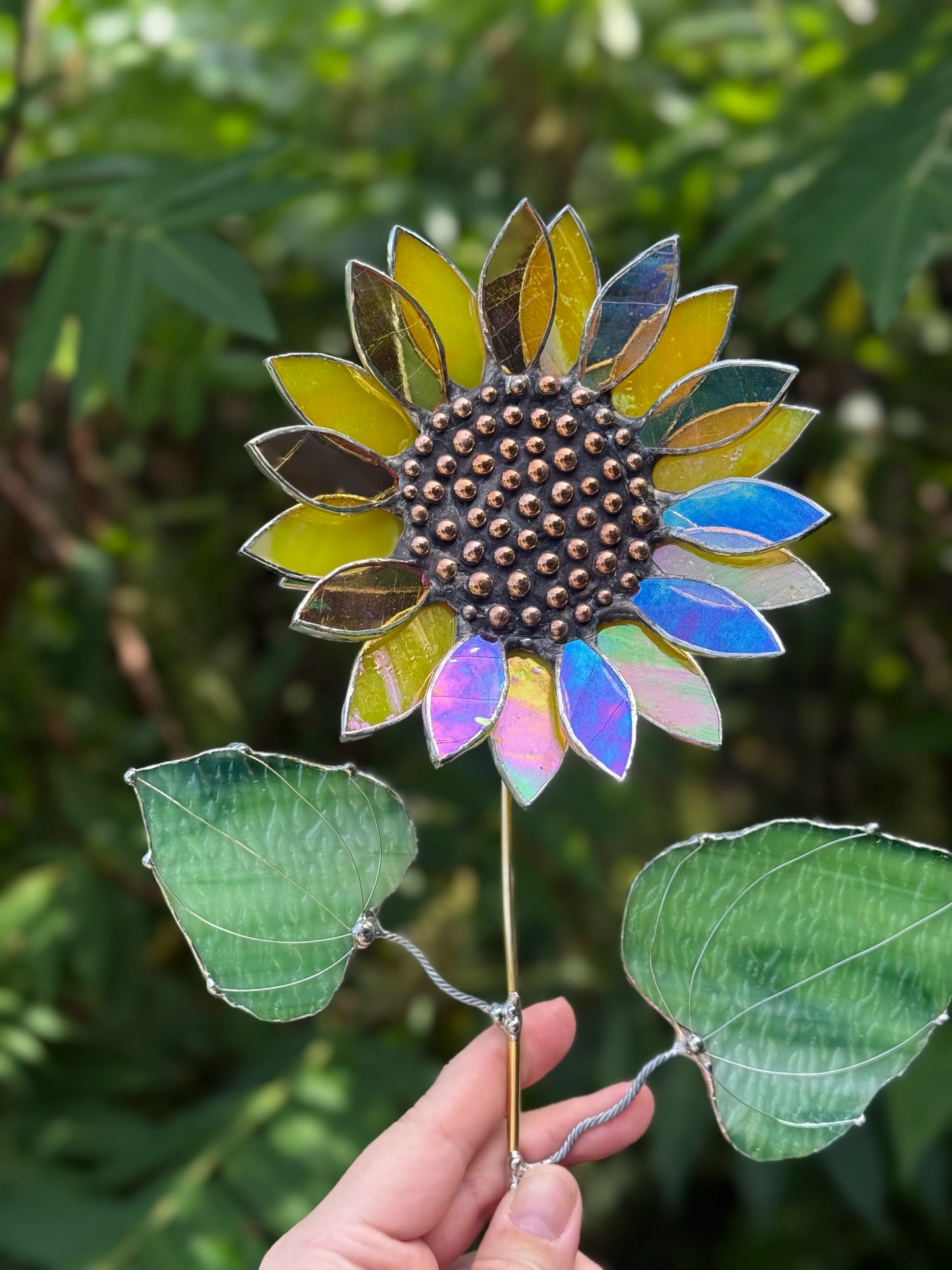 .Lemon Yellow & Amber Irid Sunflower Artisan 3D Stained Glass Suncatcher, Table Decor