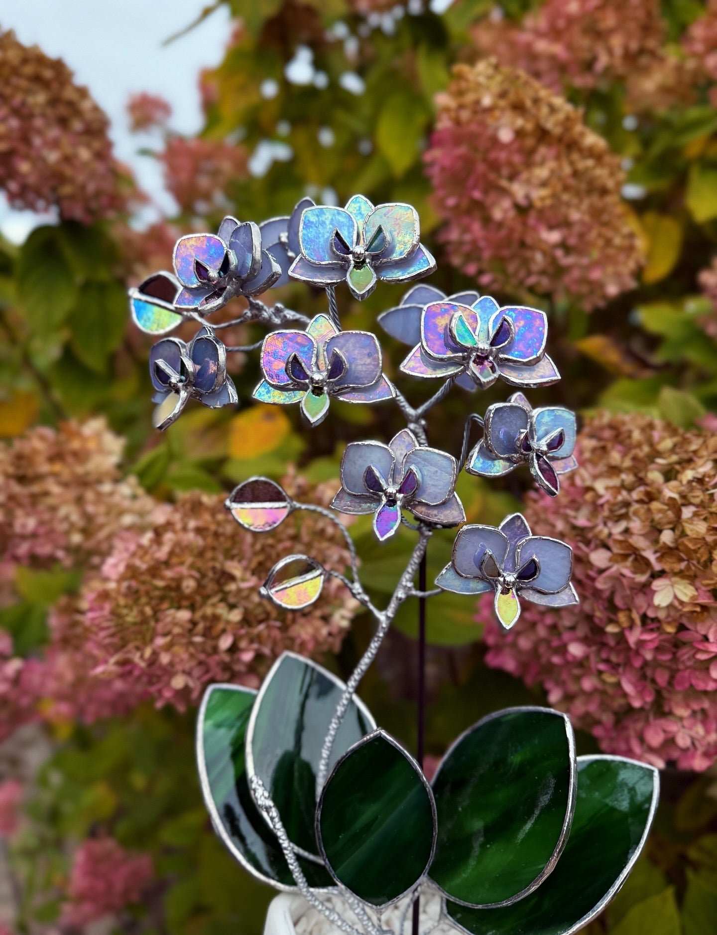 "  . Stained glass Orchid Lavender iridescent, double sided, 10 flowers with pot”, Stained glass tropical flower 3D, Suncatcher, Table plant decor