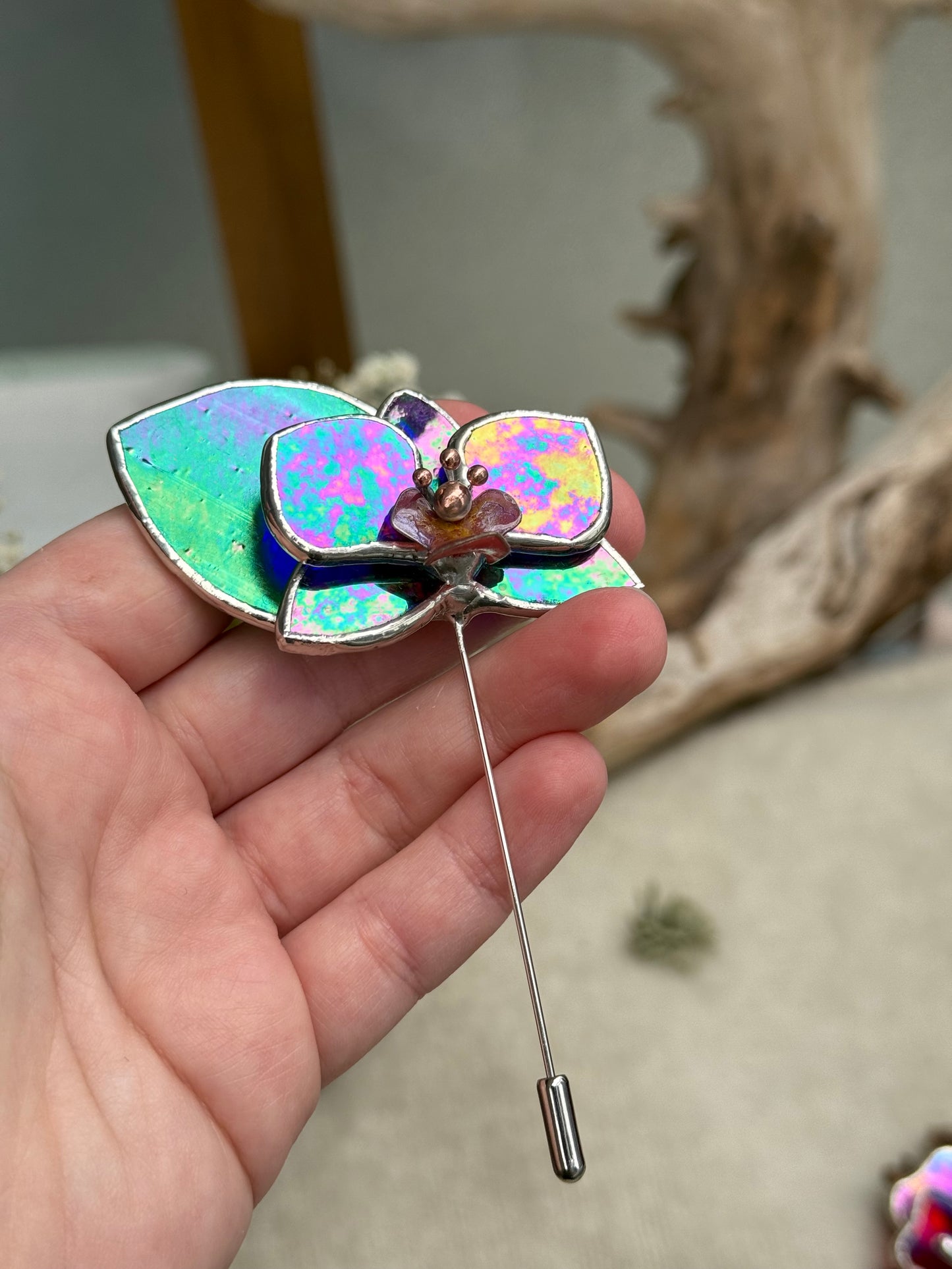 Orchid Brooch Statement Stained Glass Floral Pin, Modern Art Jewelry