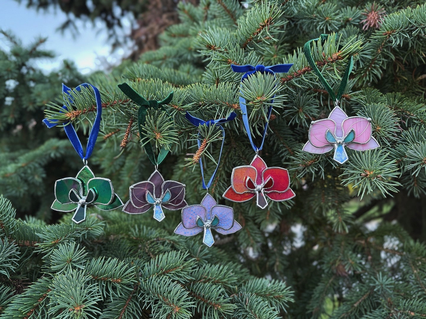 " . CHOOSE COLOR Orchid Flower Christmas ornament, Stained glass Holiday decor, Handmade art plant