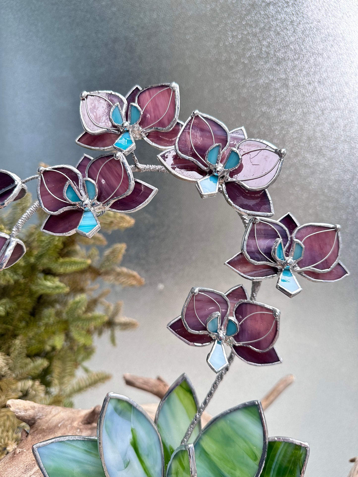 ". Stained glass Orchid Reach Elderberry with pot, 5 flowers,  Suncatcher  3D, plant, Wedding Christmas Gift  Outdoor and gardening decor