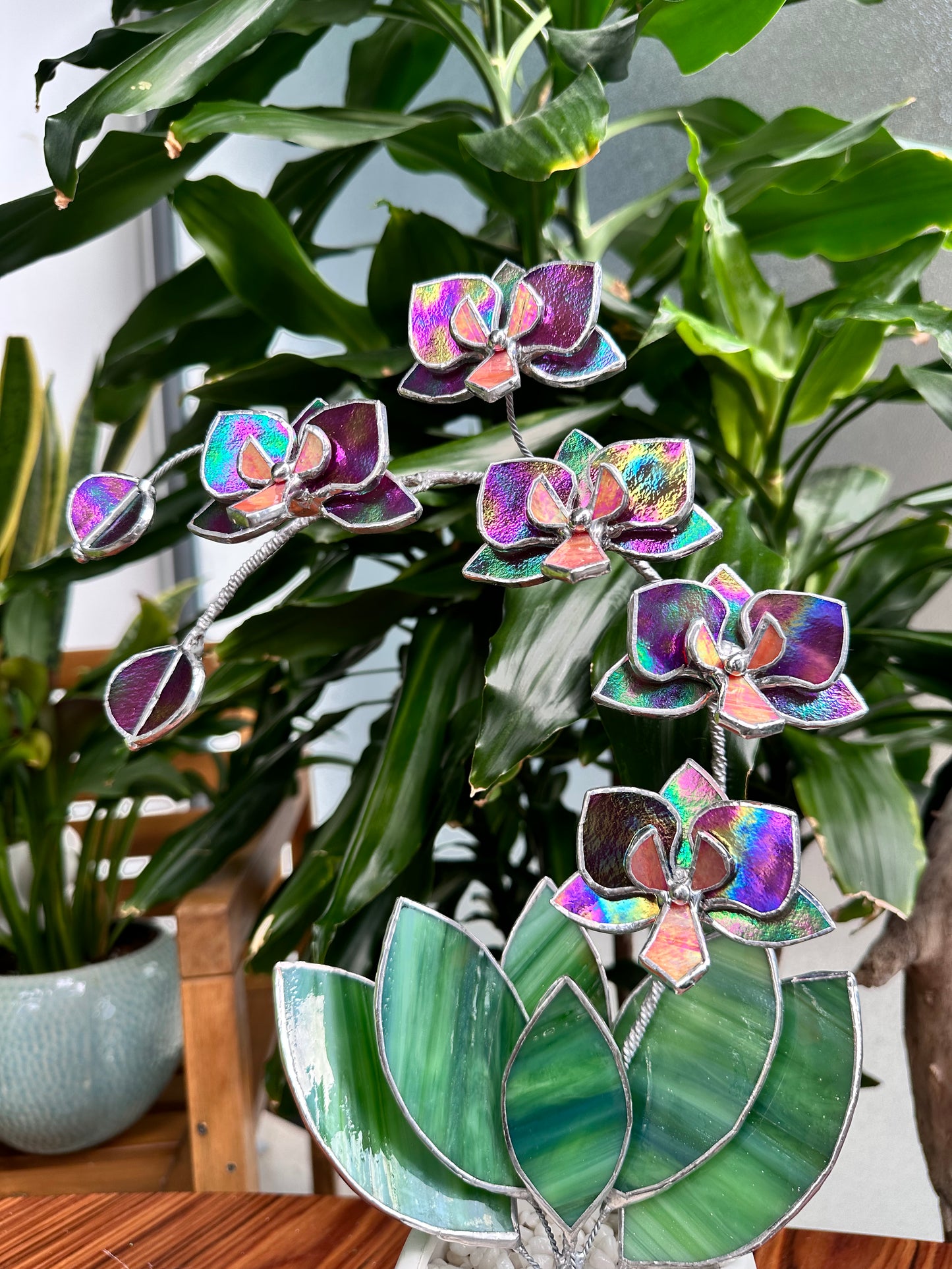 " . Mauve iridescent Orchid 5 flowers with pot" Stained glass tropical flower 3D, Sun catcher, Table plant, Garden stick, wedding decor, Christmas gift, available