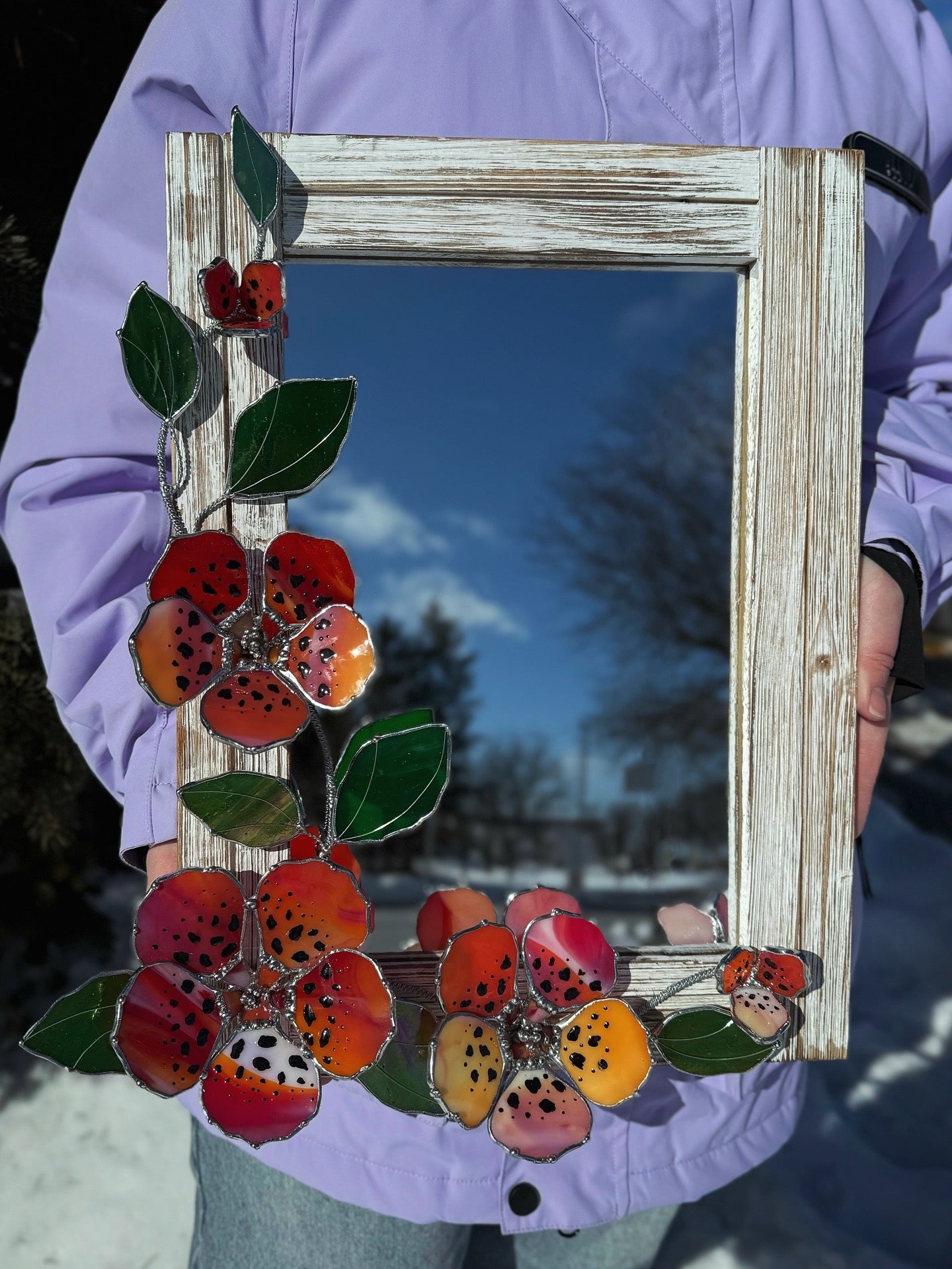 .Tiger Hibiscus Stained glass Wall Mirror, 3D Botanical Floral Art