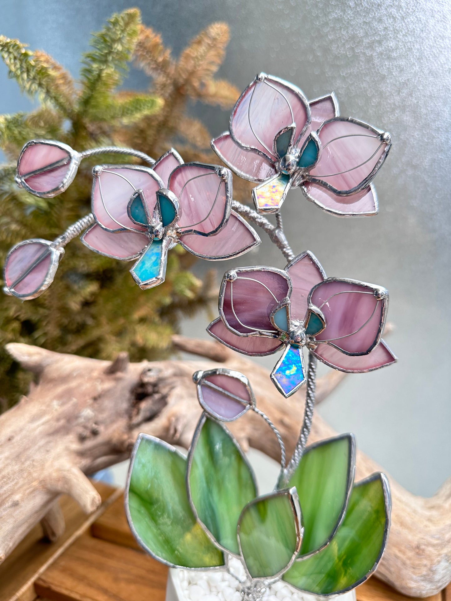 " .Dusty Rose translucent Orchid 3 flowers with pot” Stained glass tropical flower 3D, Sun catcher, Table plant, Garden stick, Outdoor and gardening decor