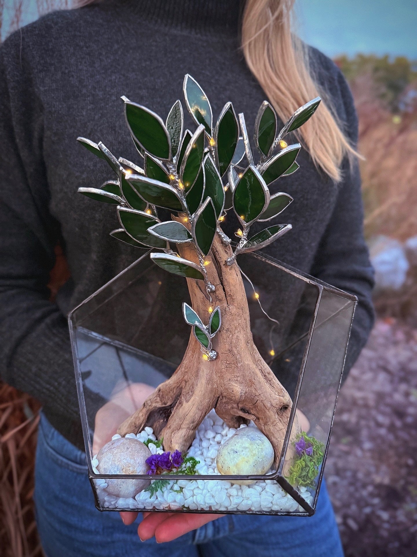 "  . Geometric glass terrarium with bonsai with glass leaves and lights”, Table decor, Christmas gift