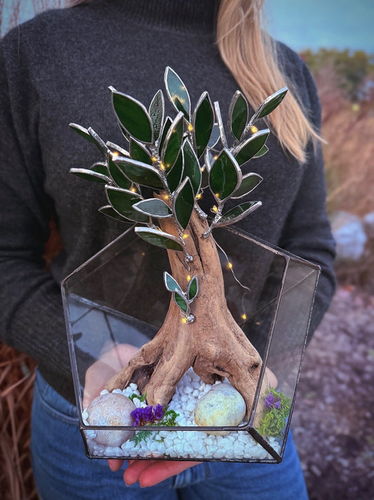 "  . Geometric glass terrarium with bonsai with glass leaves and lights”, Table decor, Christmas gift