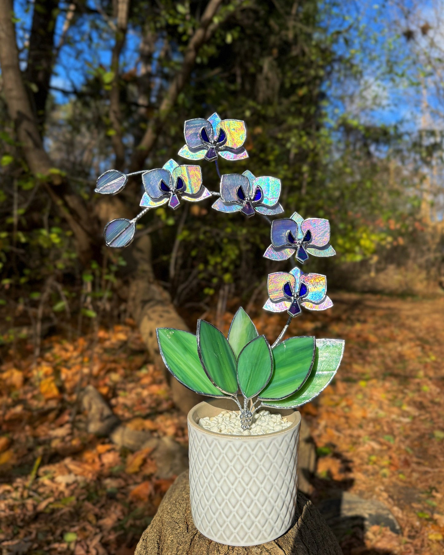 " . Lavender iridescent Orchid 5 flowers with pot" Stained glass tropical flower 3D, Sun catcher, Table plant, Garden stick, wedding decor, Christmas gift