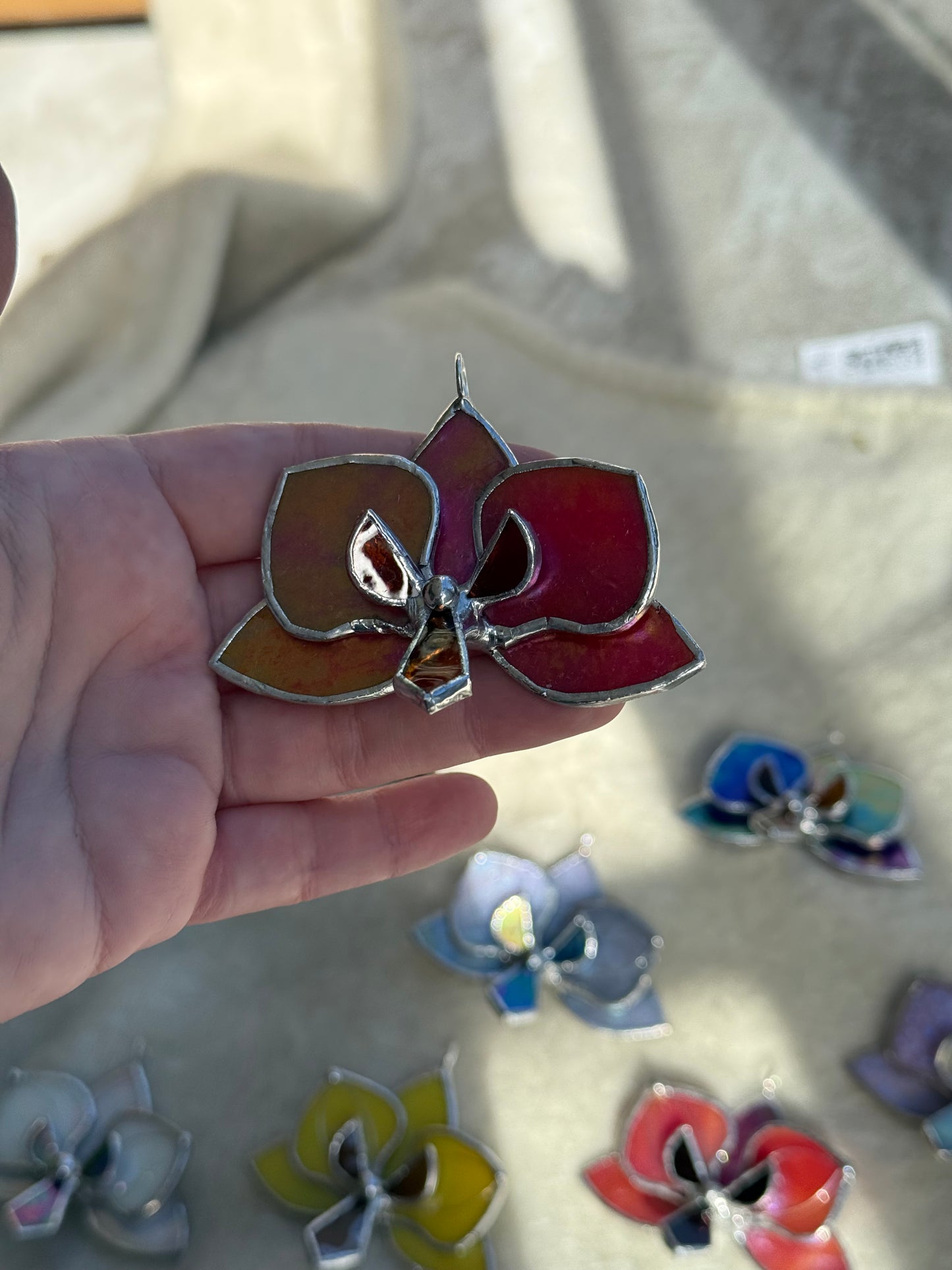 " . Orchid flower Red irid, Stained glass Decorative ORNAMENT, Christmas decoration, Suncatcher