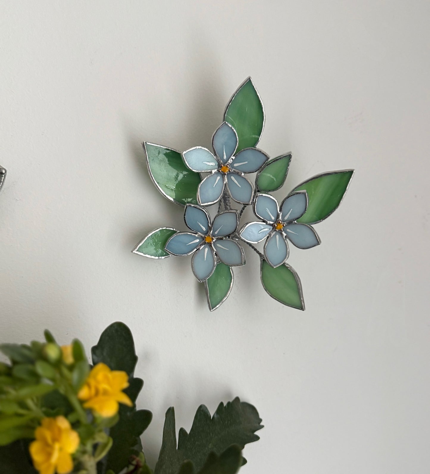 .Forget me Not Flower Bouquet Stained Glass Wall Decor, Glass Suncatcher Wall Decor ready