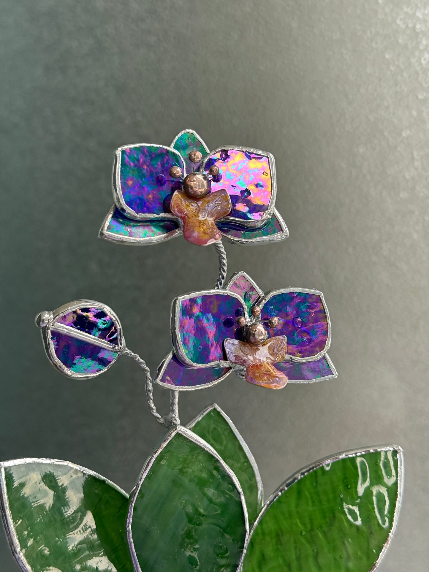 Orchid Indigo Stained Glass Artisan Flower, Botanical Table Decor
