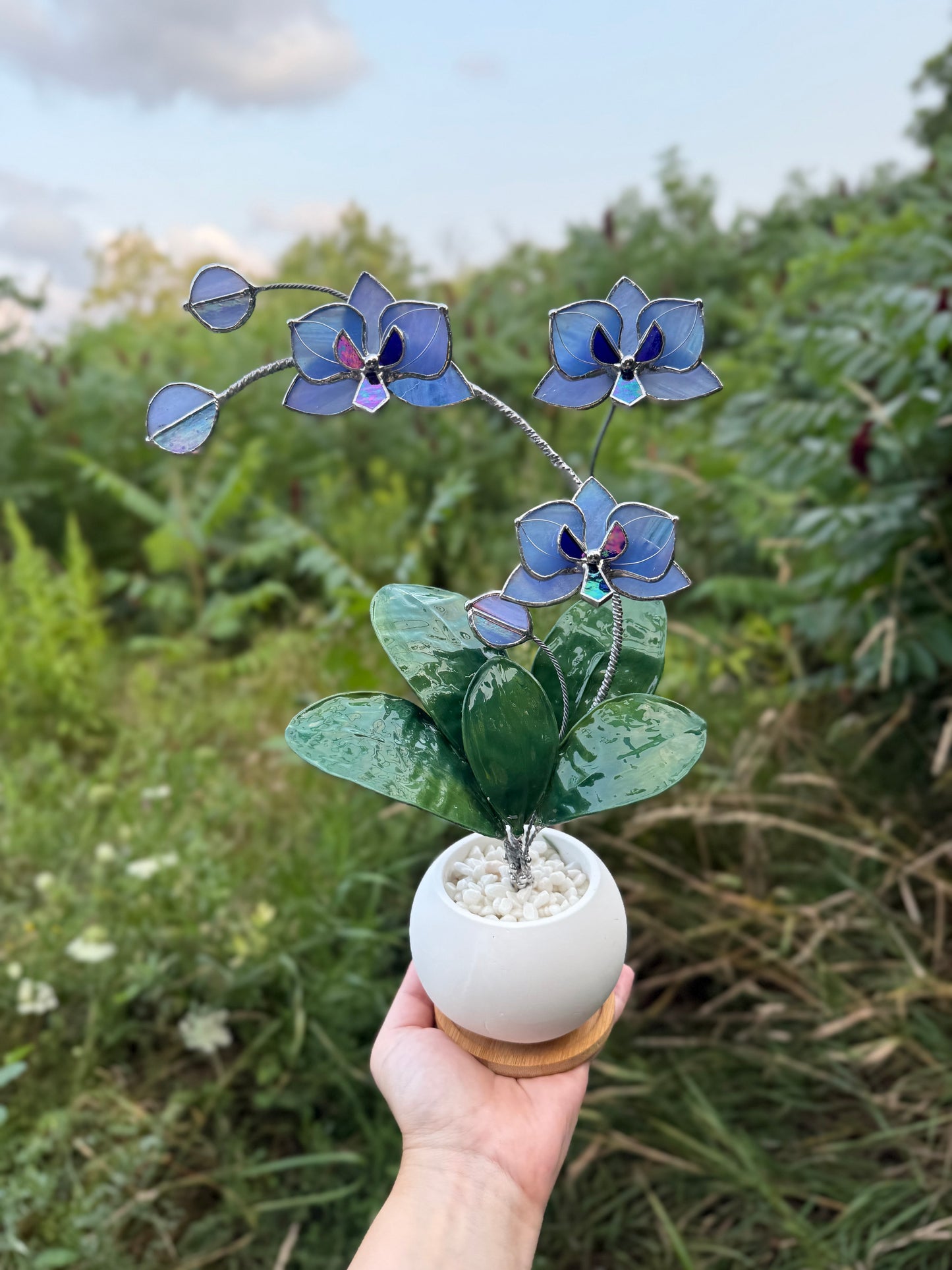 Orchid Lavender Blue Stained Glass WITH Hand Painted RESIN LEAVES, 3 Flowers, Botanical Table Decor