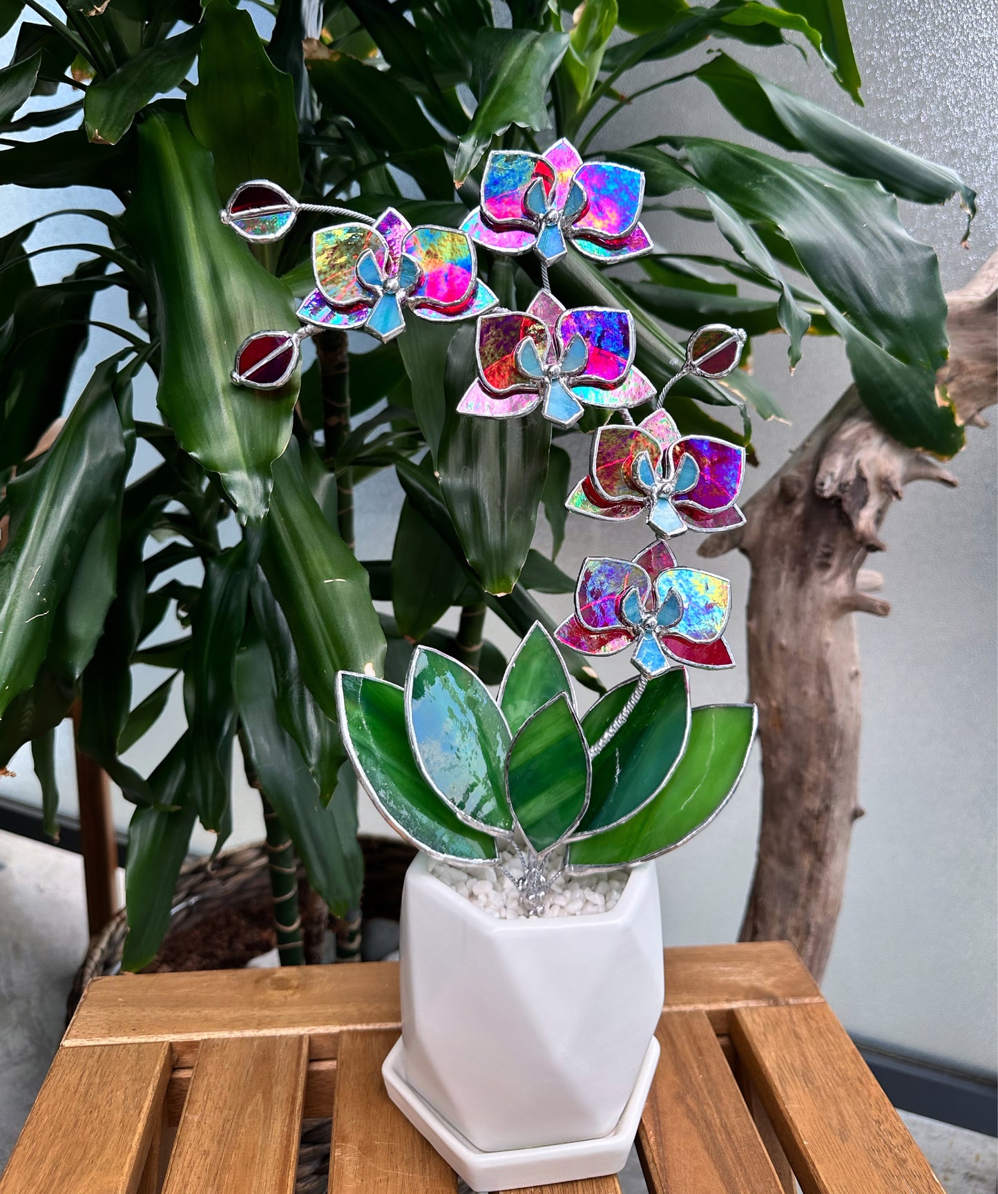 " . Red transparent iridescent Orchid 5 flowers with pot" Stained glass tropical flower 3D, Sun catcher, Table plant, Garden stick, wedding decor, Christmas gift