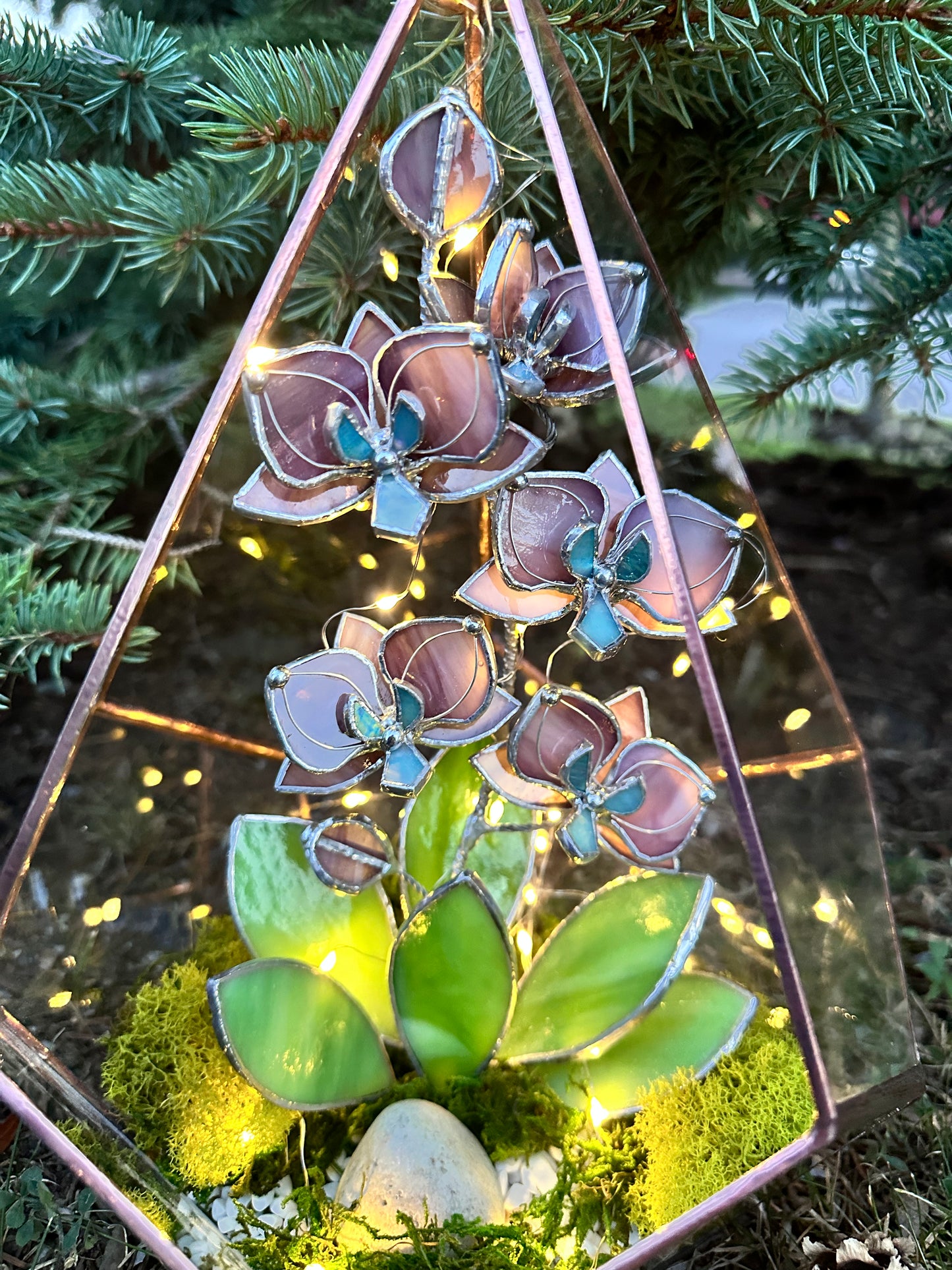 " . Geometric glass 3D terrarium Teardrop with stained glass orchids. Wedding glass decor, Mother’s Day  gift, glass art, suncatcher, succulents, cacti