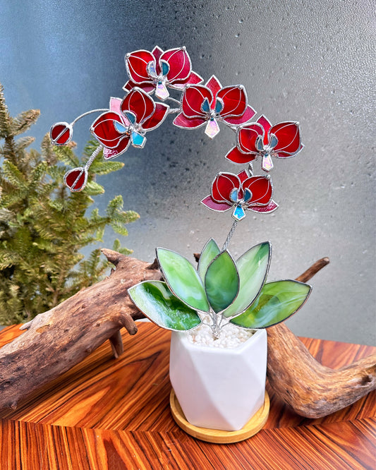 ". Stained glass Orchid Ruby Red with pot, 5 flowers,  Suncatcher  3D, plant, Wedding Christmas Gift  Outdoor and gardening decor