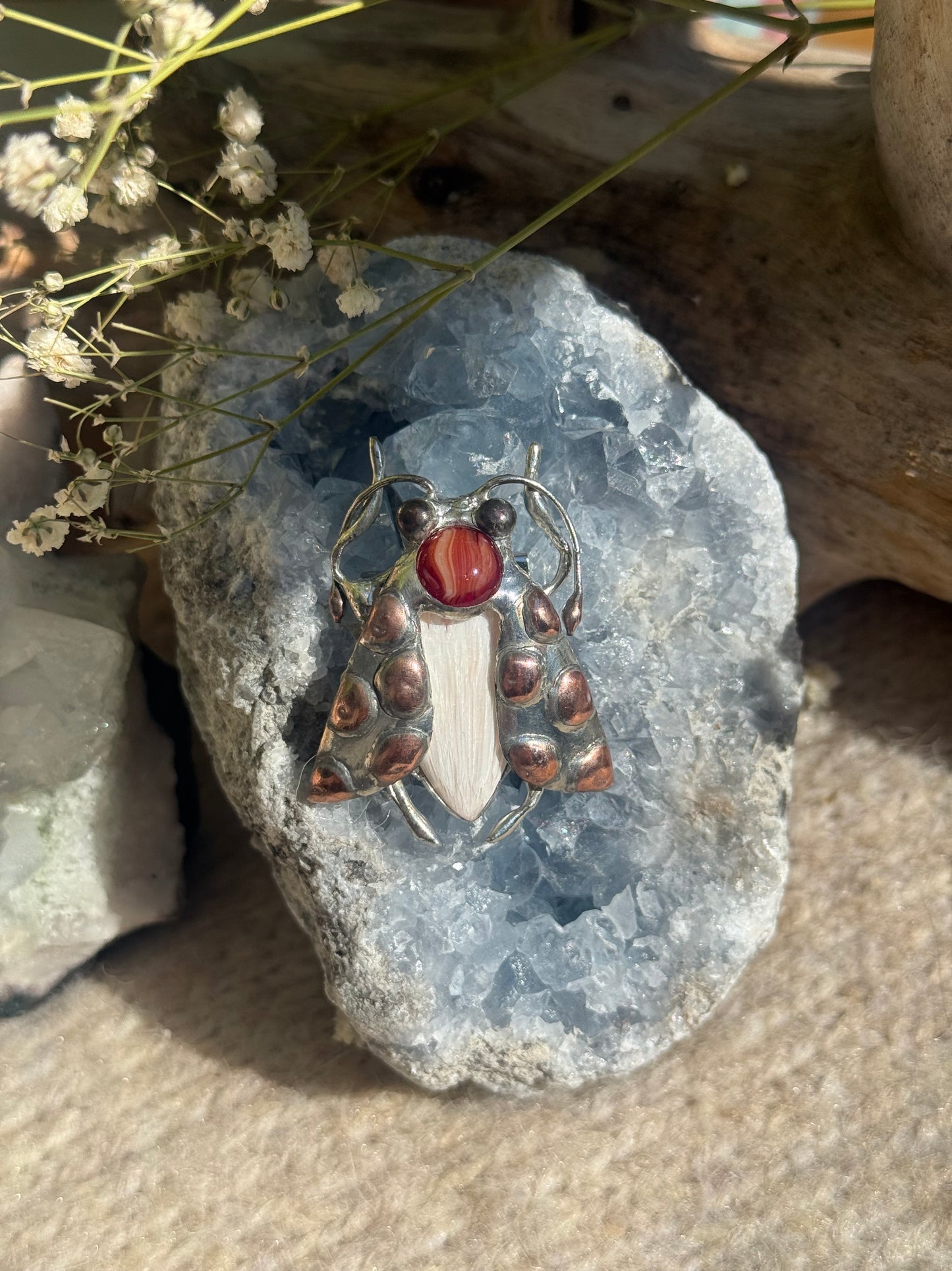 Brooch Tiger Moth with Palm Stone & Fused Glass, Gemstone Jewelry stone new