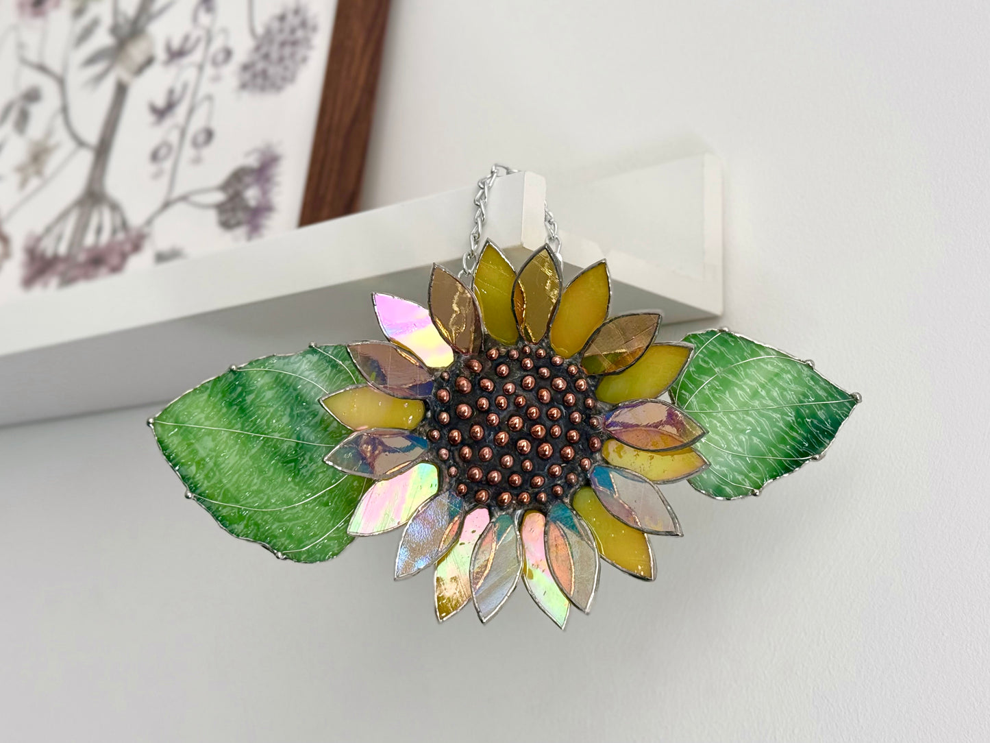 .Bright Yellow Sunflower Stained Glass Sun catcher, Wall Art Decor ready