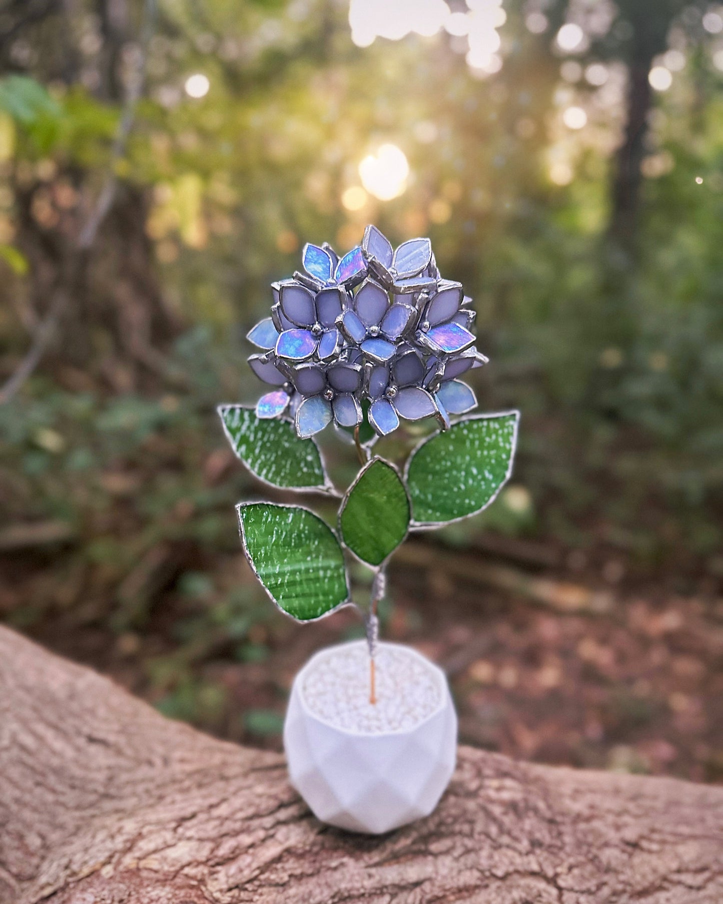 " . Blue lavender Hydrangea bunch iridescent in the pot”, Stained glass tropical flower 3D, Sun catcher, Table plant, Garden stick, Outdoor and gardening decor