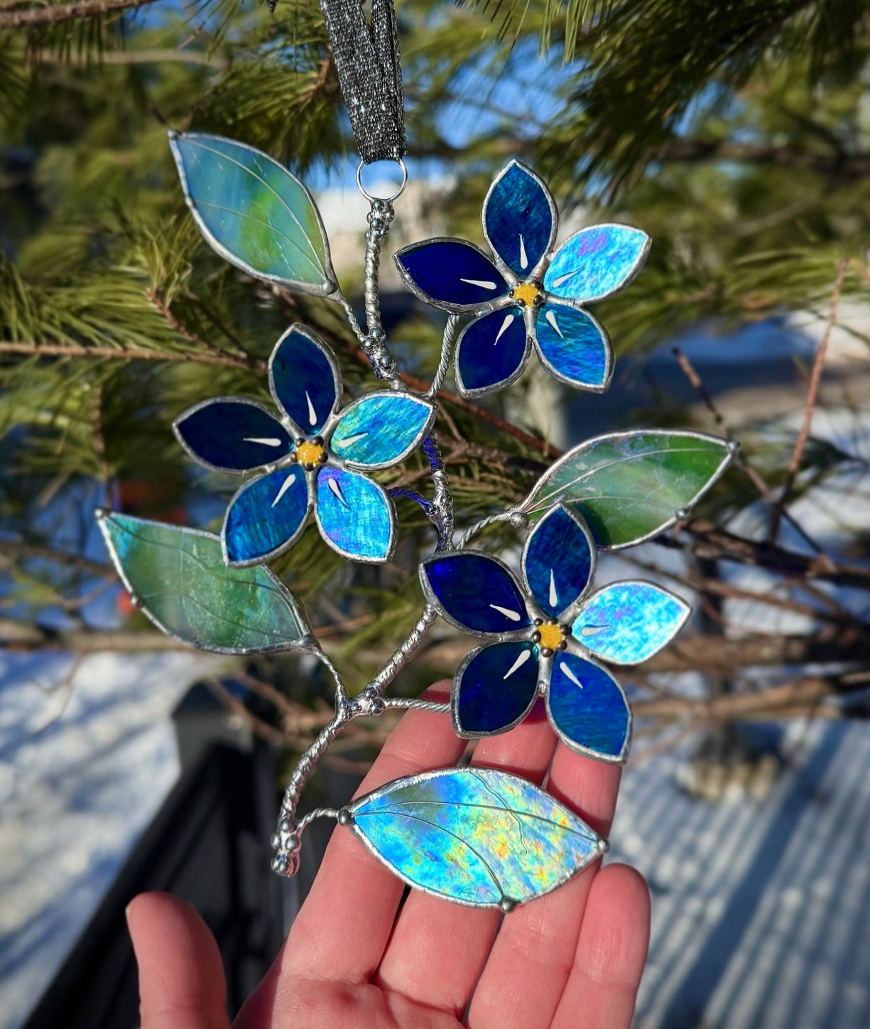"  . Forget me not flower Indigo iridescent Wall Pendant, Stained glass, Walldecoration, Suncatcher