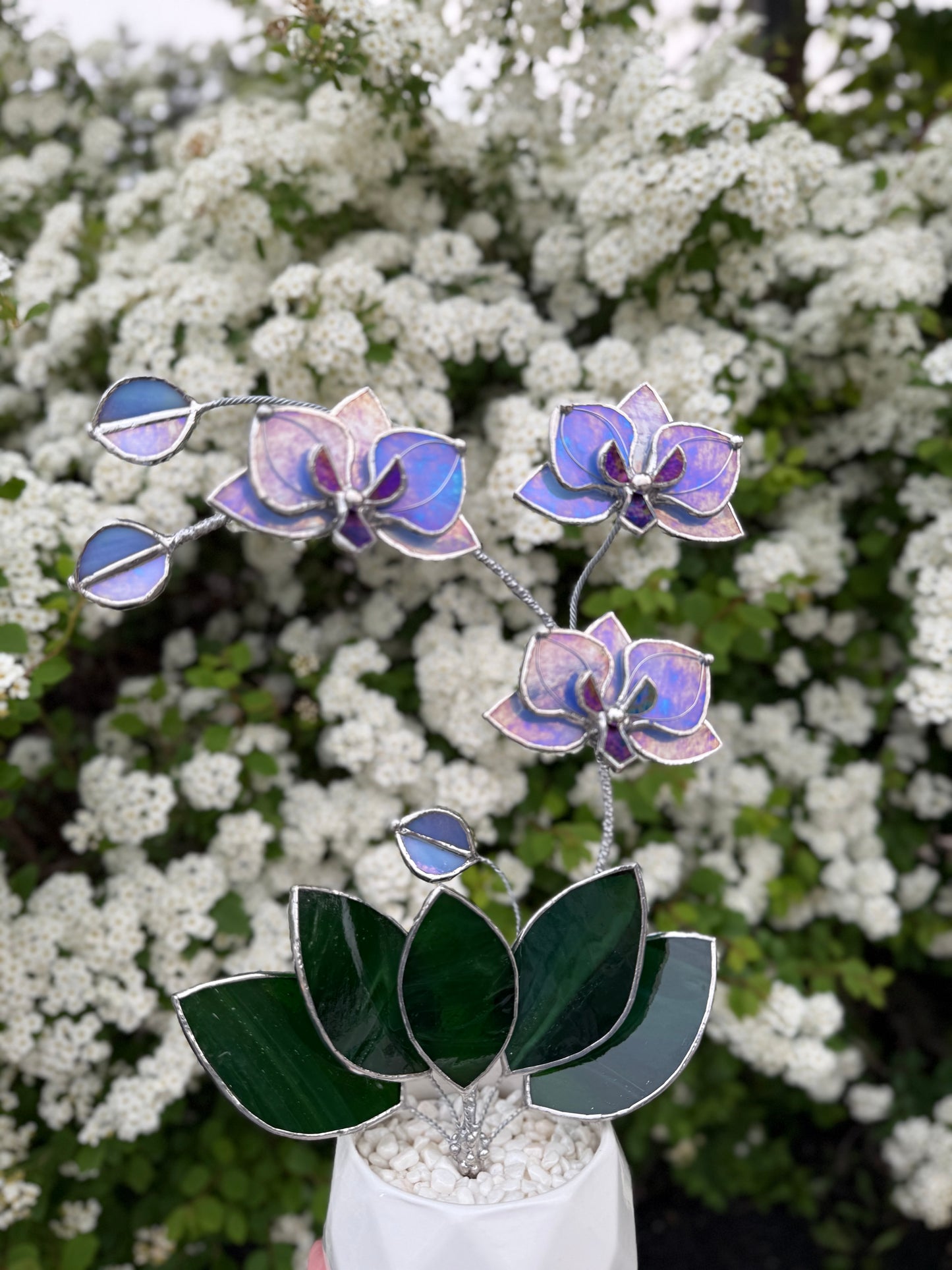 " . Blue lavender iridescent Orchid 3 flowers with pot” Stained glass tropical flower 3D, Sun catcher, Table plant, Garden stick, Outdoor and gardening decor available new