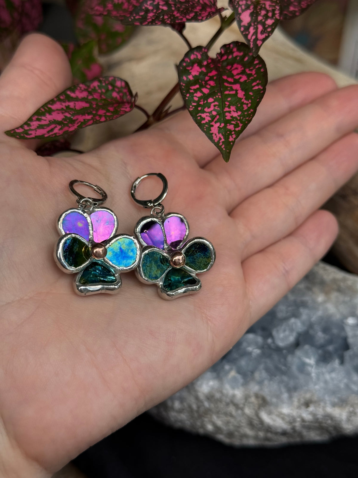 Pansy Earrings Purple lumi &Yellow blue lumi  Handcrafted Stained glass Botanical Art Jewelry