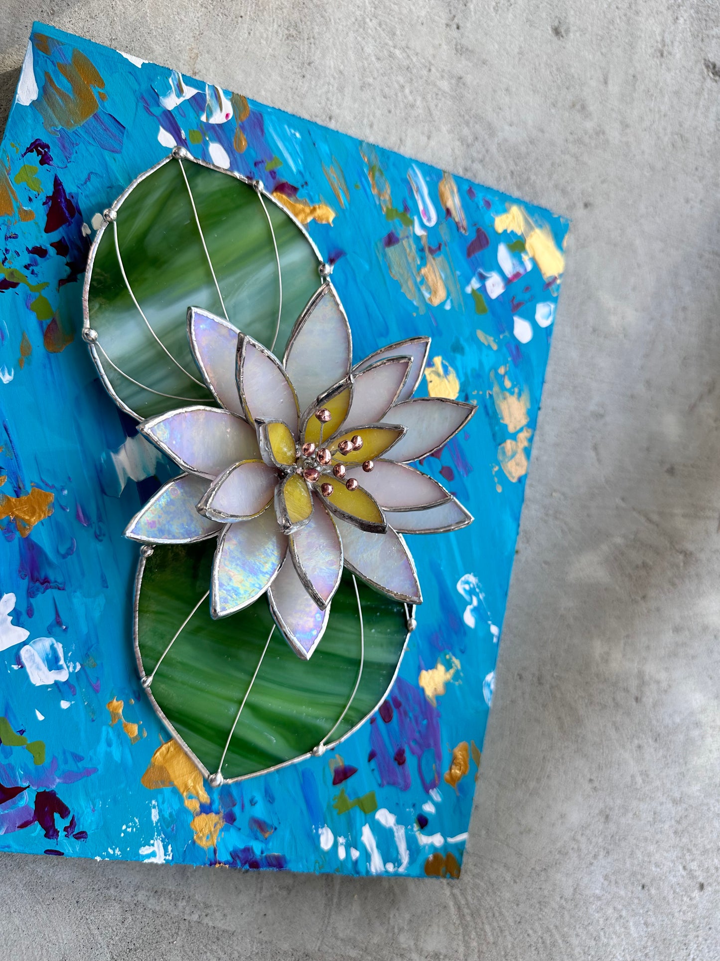 ".Acrylic painting ‘Lily Pond’ with stained glass 3D water Lily, Wall decor, Wedding, Christmas gift, available