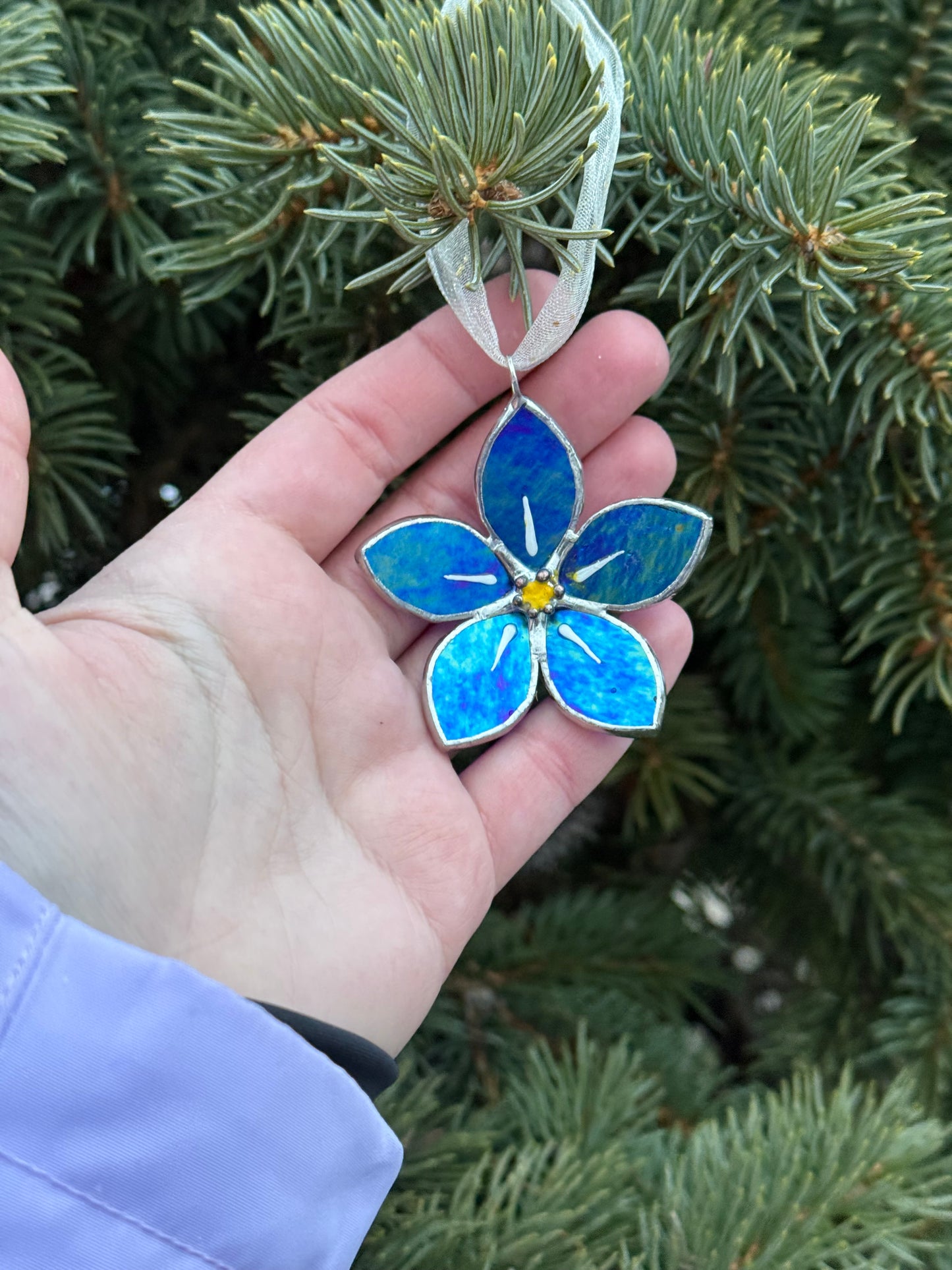 Forget Me Not Stained Glass Ornament Indigo Handmade Floral Suncatcher