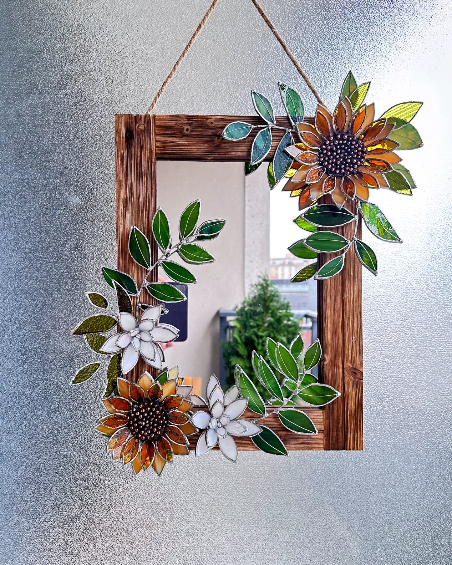 " . Golden Sunflower garden" Stained glass flower Mirror wall decor Art, Wedding, Christmas, gift Decoration Glass flowers Succulents