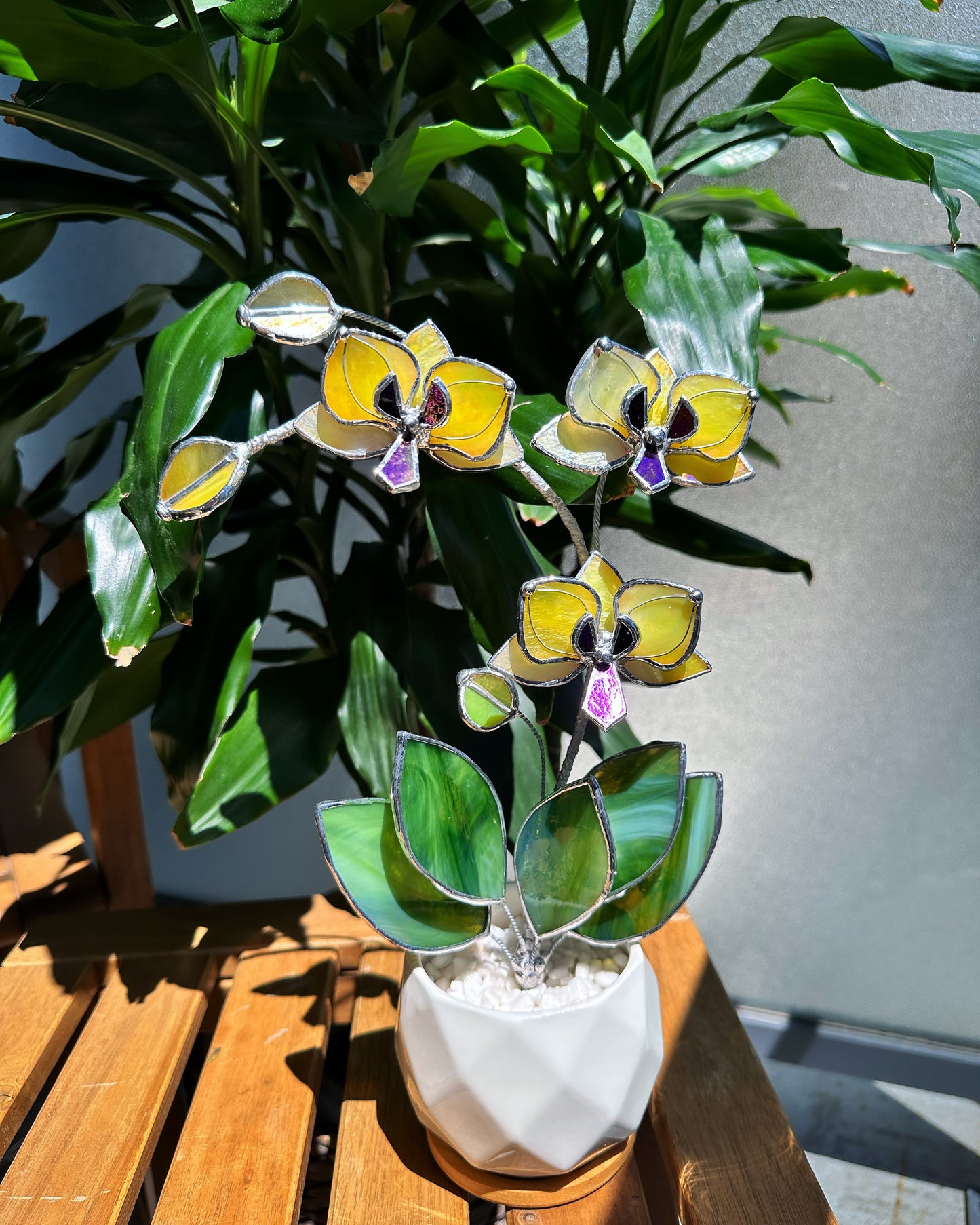 ". Yellow iridescent Orchid 3 flowers with pot” Stained glass tropical flower 3D, Sun catcher, Table plant, Garden stick, Outdoor and gardening decor