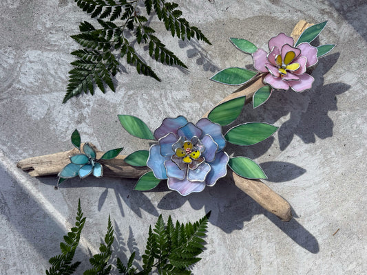 .Peonies Stained Glass Driftwood Wall Decor Suncatcher