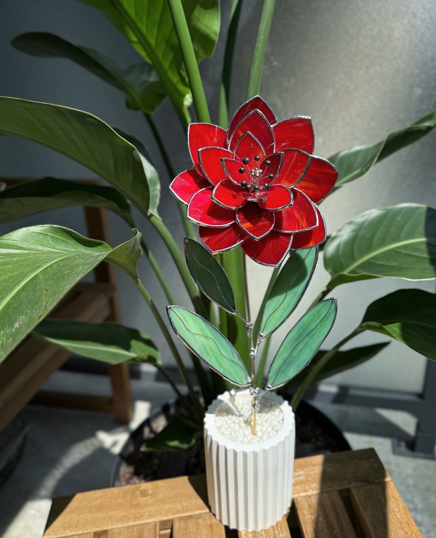 .Amber Red Peony Stained glass flower 3D Botanical Table Plant Decor new