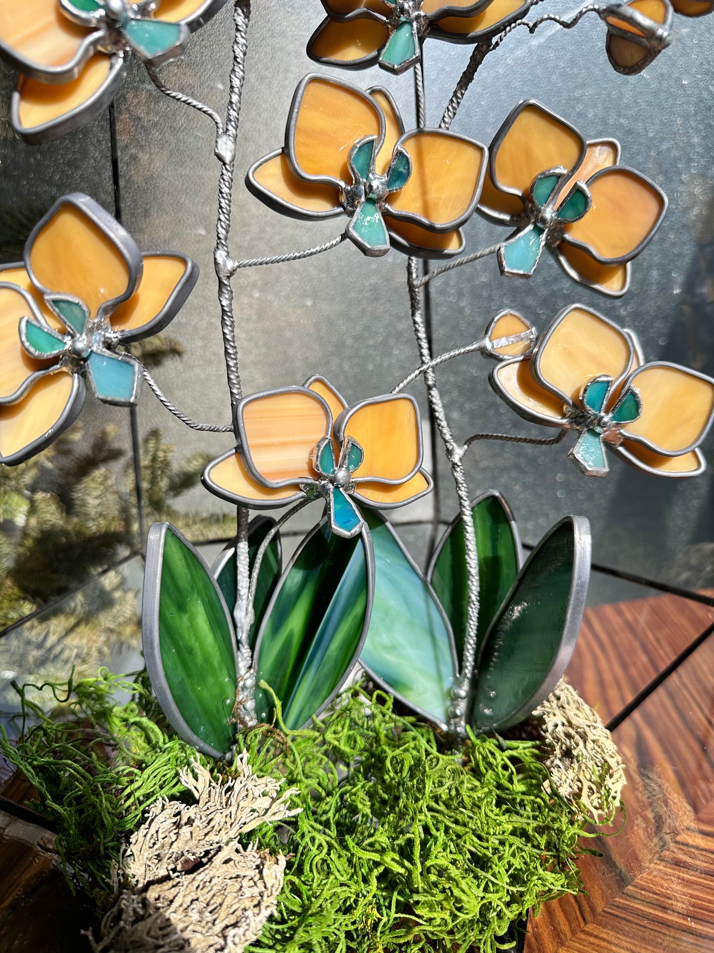 " .Geometric glass 3D terrarium Asymmetrical with stained glass orchids. Wedding glass decor, Mother’s Day  gift, glass art, suncatcher, succulents, cacti