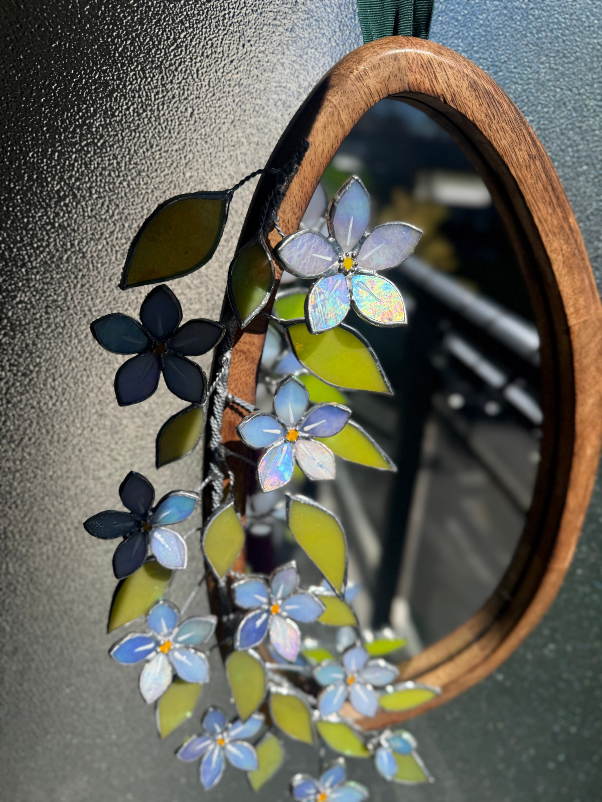 Forget Me Not iridescent Stained glass Flower Mirror, 3D Botanical Floral Wall Art ready new