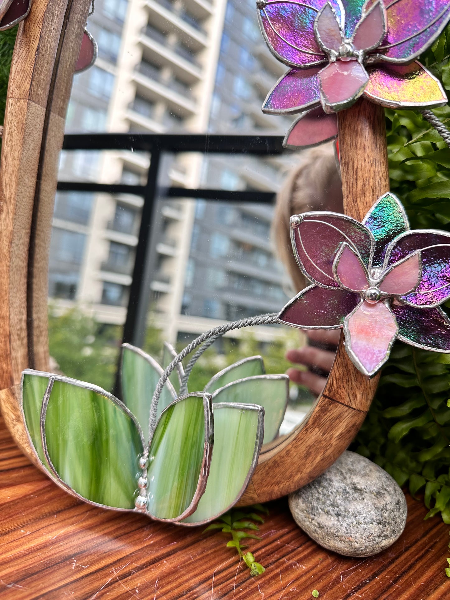 " . Butterfly Mauve iridescent Orchid Mirror”, Stained glass flower Wall decor, Suncatcher, Home wedding Decor, Christmas gift, available