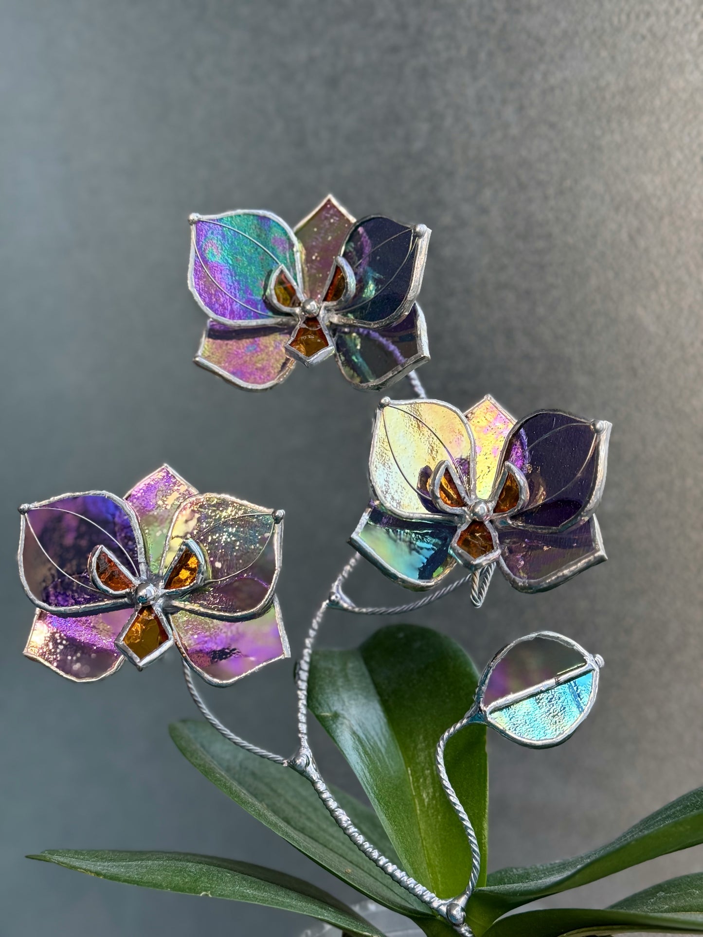 " . Butterfly orchid Purple transparent irid flower stick, Plant stake 3 flowers no pot” Stained glass flower, Table plant, Garden stick