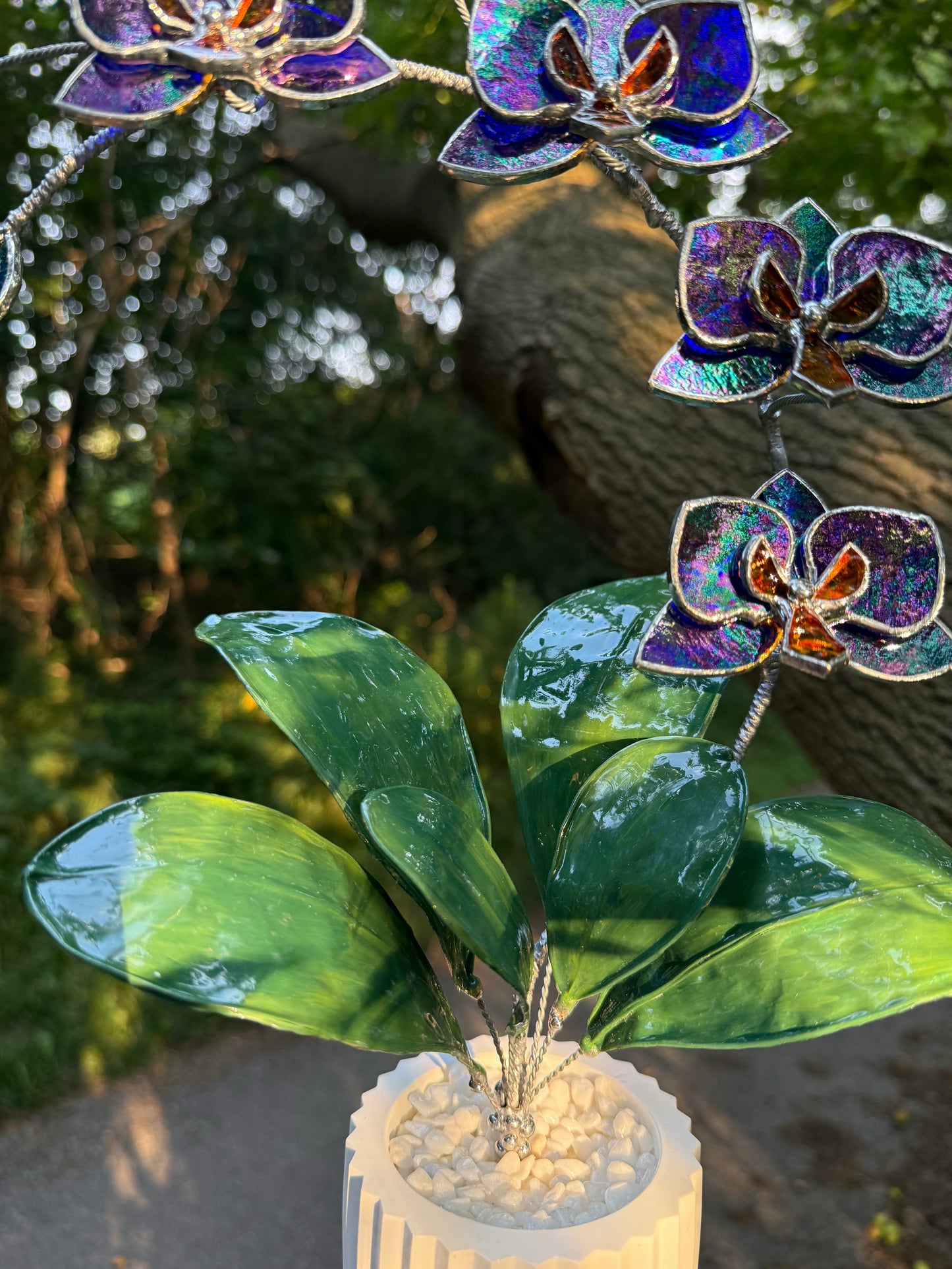 .Amethyst indigo Orchid, WITH RESIN LEAVES, 5 Flowers, Handmade Stained Glass Botanical Art Decor