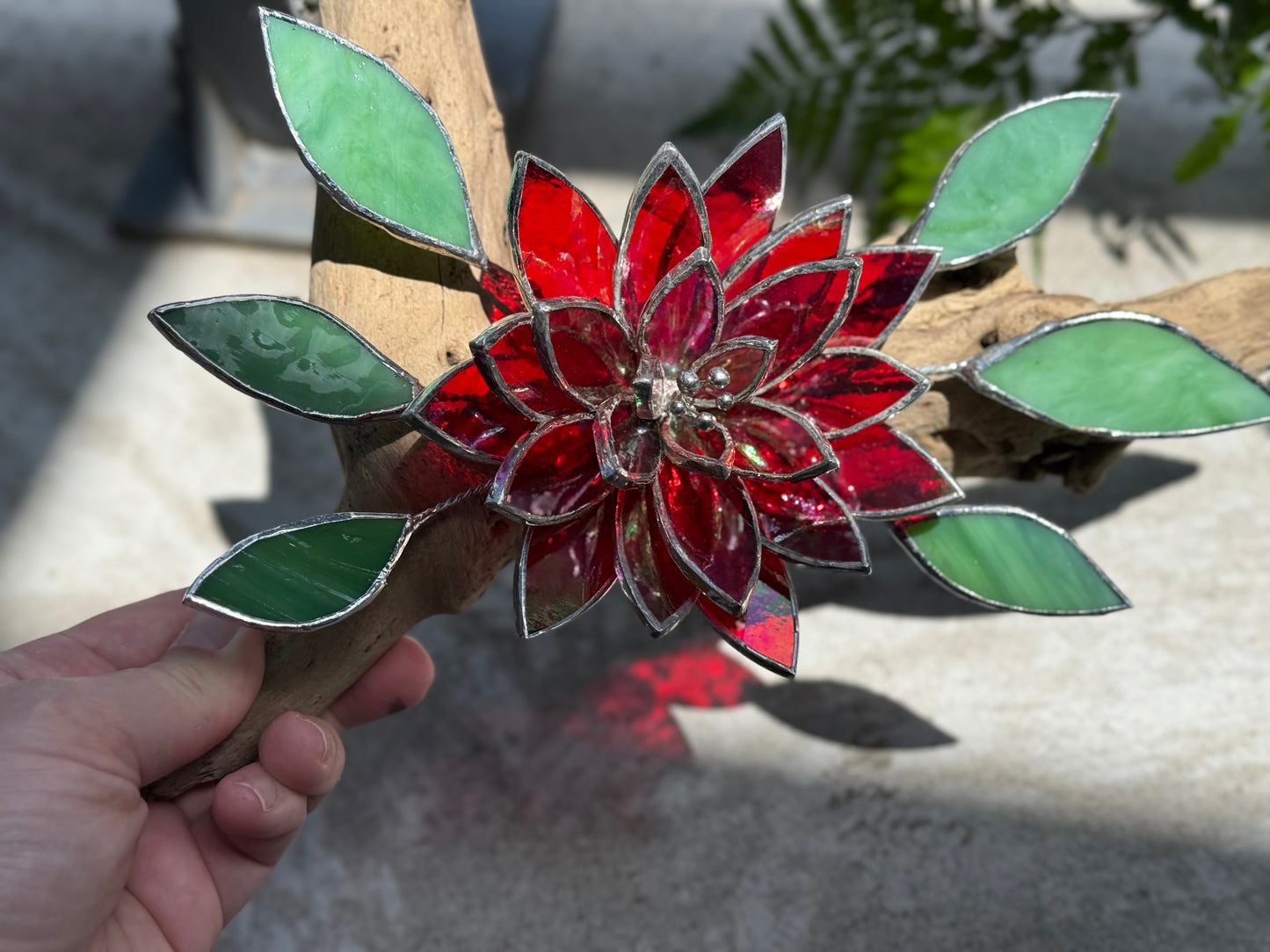 .Fire Flower Iridescent " Stained Glass Driftwood Wall Decor Suncatcher