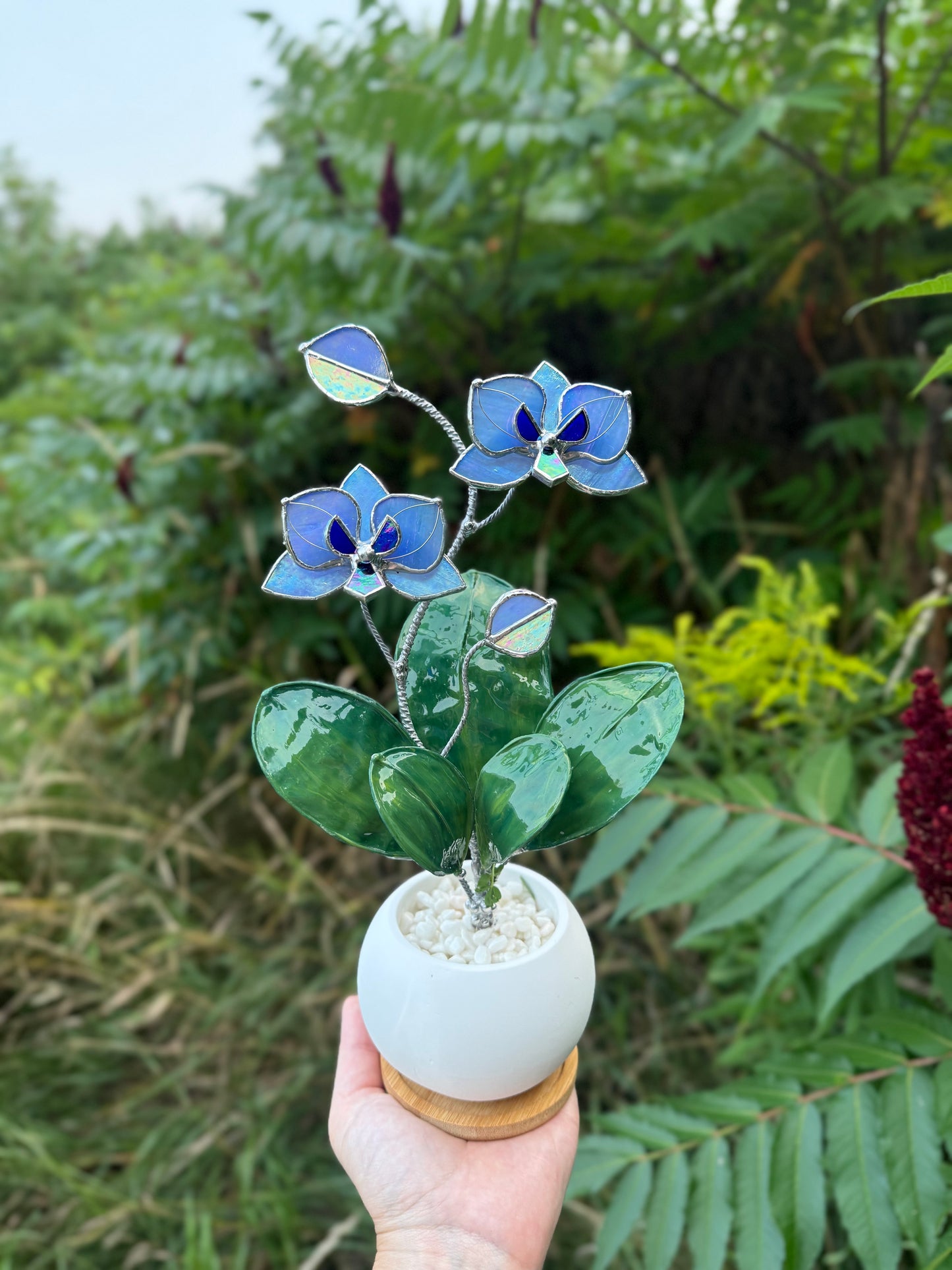 Orchid Blue lavender WITH RESIN Hand painted LEAVES Stained Glass 2 flowers in a Pot, Botanical Art Sculpture