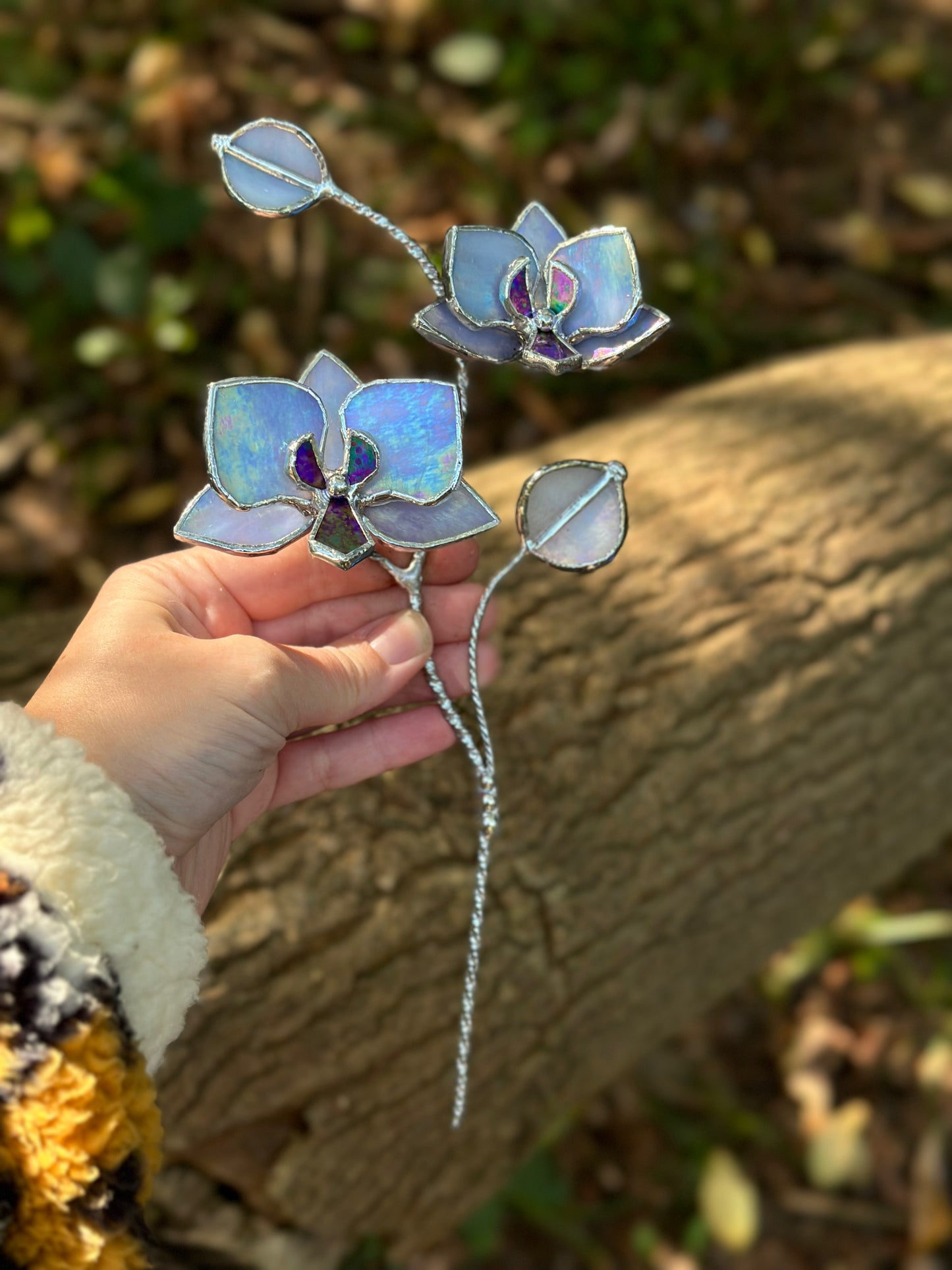 " . Lavender iridescent Orchid flower stick, Plant stake 2 flowers no pot” Stained glass tropical flower 3D, Sun catcher, Table plant, Garden stick, Outdoor and gardening decor